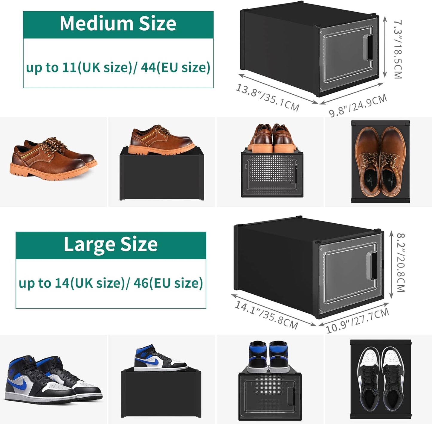 Scatole per Scarpe, Pacco Da 12 Contenitori per Scarpe, Organizzatori Porta Scarpe Pieghevoli E Impilabili, Con Porta Trasparente E Fori Di Ventilazione, Fino a Taglia 44, Nero