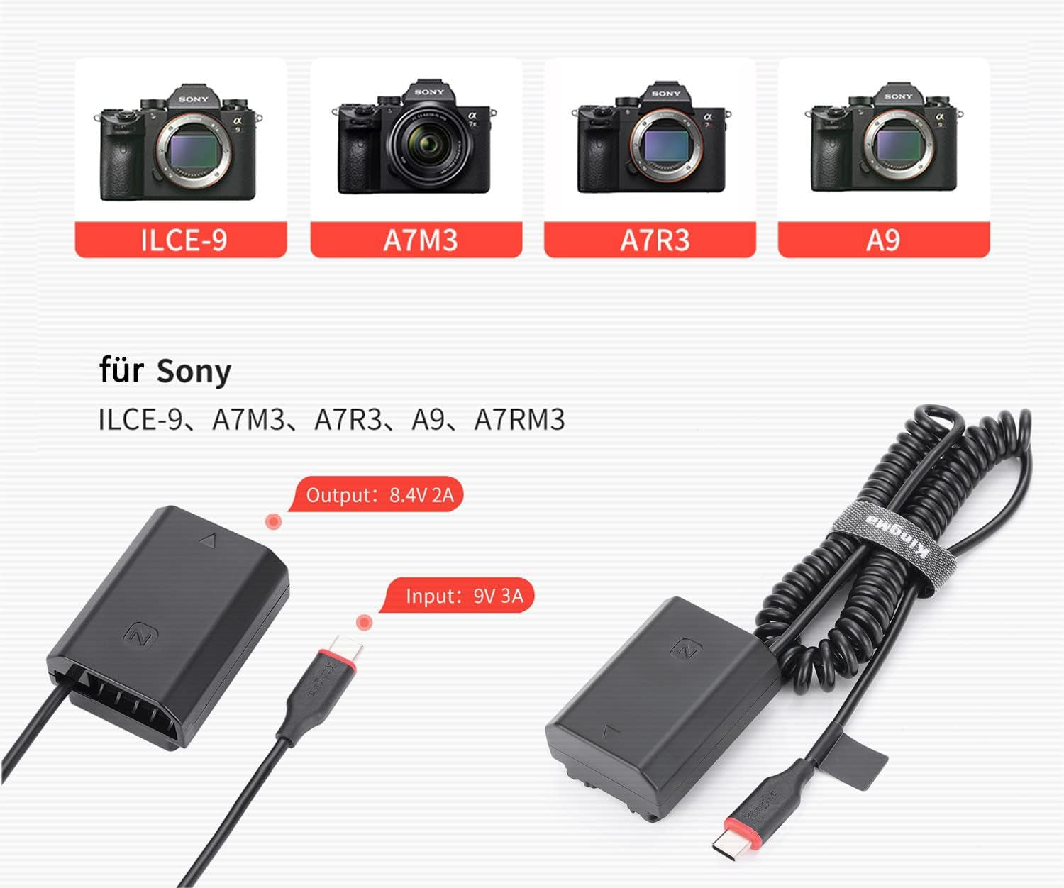 NP-FZ100 Dummy Batteria Decodifica NP-FZ100 Con Cavo Adattatore Di Alimentazione a Molla Di Tipo C per Fotocamere Sony Alpha A6600 A7C A7III A7SIII A7RIII A7RIV A9 A9II A9R A9S A1