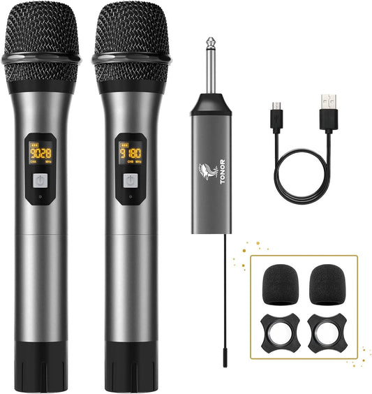 Microfono Senza Fili, UHF Sistema Microfonico Dinamico a Doppio Cordless in Metallo Con Ricevitore Ricaricabile, Set Di Microfoni Wireless per Canto Karaoke, DJ, Festa, 60M (TW630), Grigio