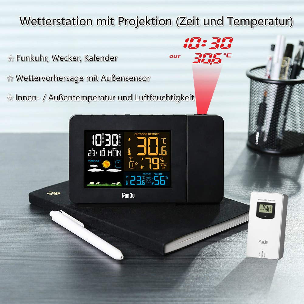 FJ3391 Stazione Meteorologica Wireless Con Sensore Esterno Sveglia Con Proiezione Temperatura Interna Ed Esterna E Umidità Fase Lunare Radiosveglia (Versione in Lingua Italiana Non Garantita)