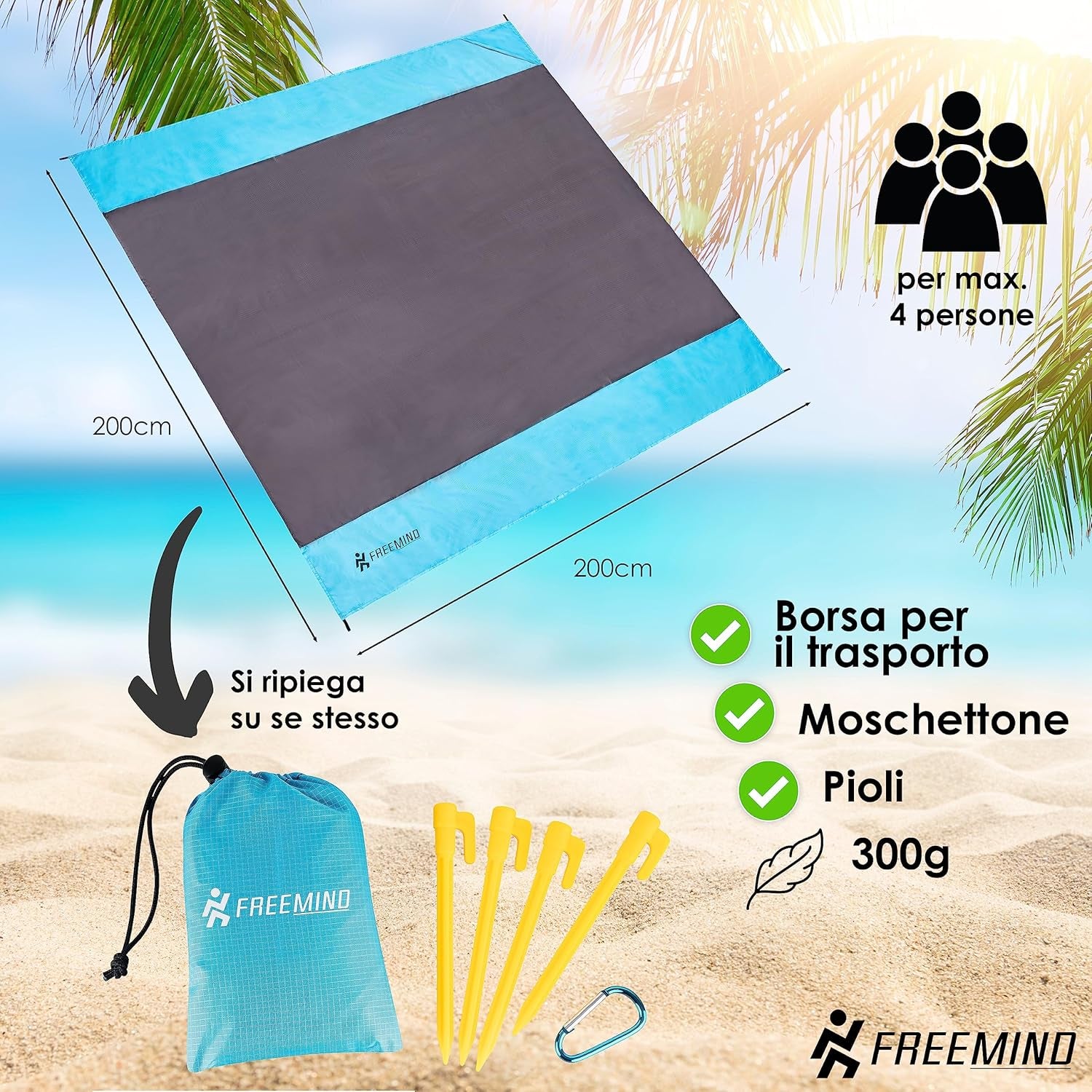 ® XXL Coperta Da Picnic, Spiaggia, Viaggio, Ultraleggera, Sottile, 2 X 2 M, Impermeabile, Compatta, Senza Sabbia, per Campeggio, Mare, Con Custodia, 4 Picchetti, Moschettone