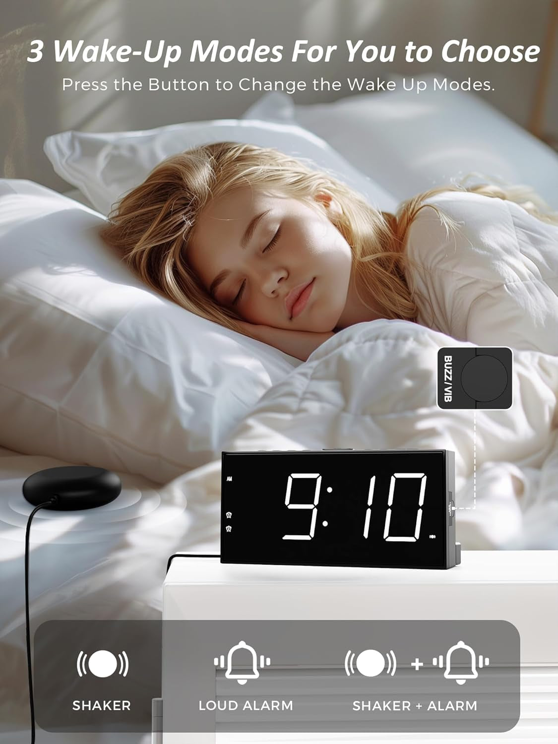 Sveglia a Vibrazione per Non Udenti, Con Problemi Di Udito, Che Dormono Pesantemente, Vecchio, Sveglia Digitale, Doppio Allarme, Porta Usb, Ampio Display Luminoso, Snooze/Posticipa, 12/24 Ore Dst