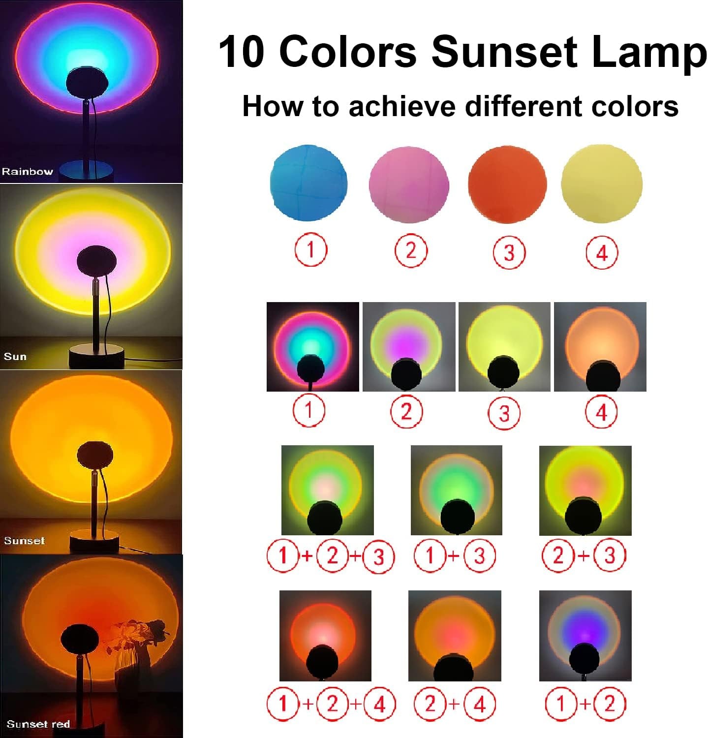 Sunset Lamp 10 Farben Sonnenuntergang Lampe USB Sonnenlampe 180° Drehbares Sunset Light Mit Fernbedienun LED Projektor Sonnenlicht Lampe Sonnenaufgang Lampe Für Selfie-Beleuchtung, Party, Dekoration