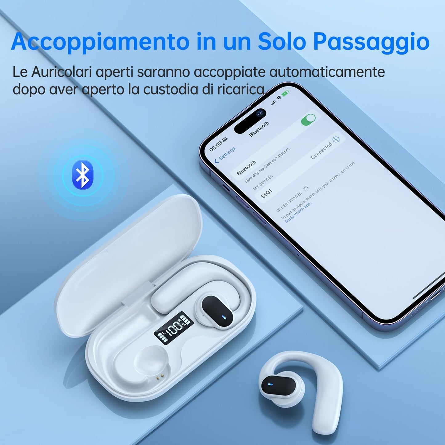 Cuffie Bluetooth 5.3 Orecchio Aperto, Auricolari Senza Fili 50 Ore Di Riproduzione, Cuffie Open Ear Wireless Con 2 Microfoni ENC, Auricolari Sportivi per Allenamenti