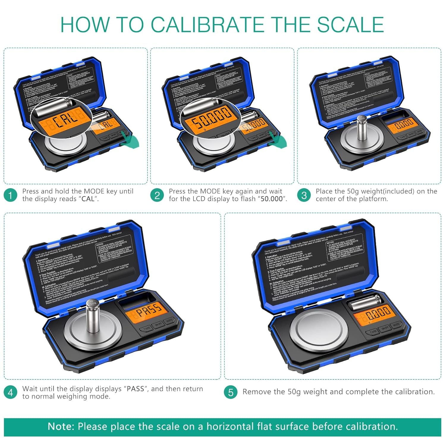 Báscula Digital De Precisión 50G/0.001G,  Mini Bilancia Da Cucina Con Peso Di Calibrazione 50 G E Pinzette, Bilancia Tascabile Con Display Tara E Retroilluminato (Batterie Incluse) - Blu