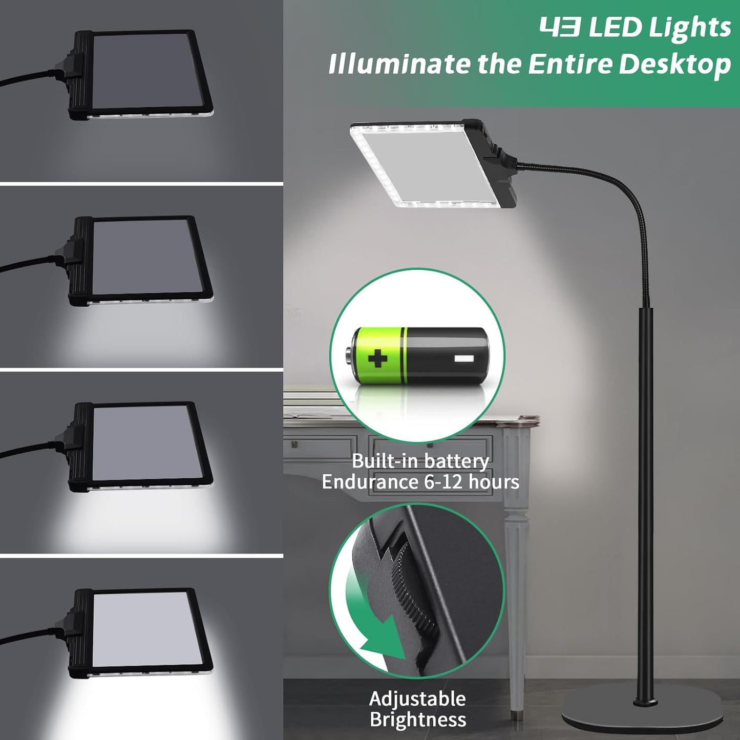 3 in 1 Ricaricabile Lente Ingrandimento Con Luce E Supporto, 5X Lampada Con Lente Di Ingrandimento Con 43 LED a Luminosità Regolabile, Lente Di Ingrandimento a Collo D'Oca Flessibile