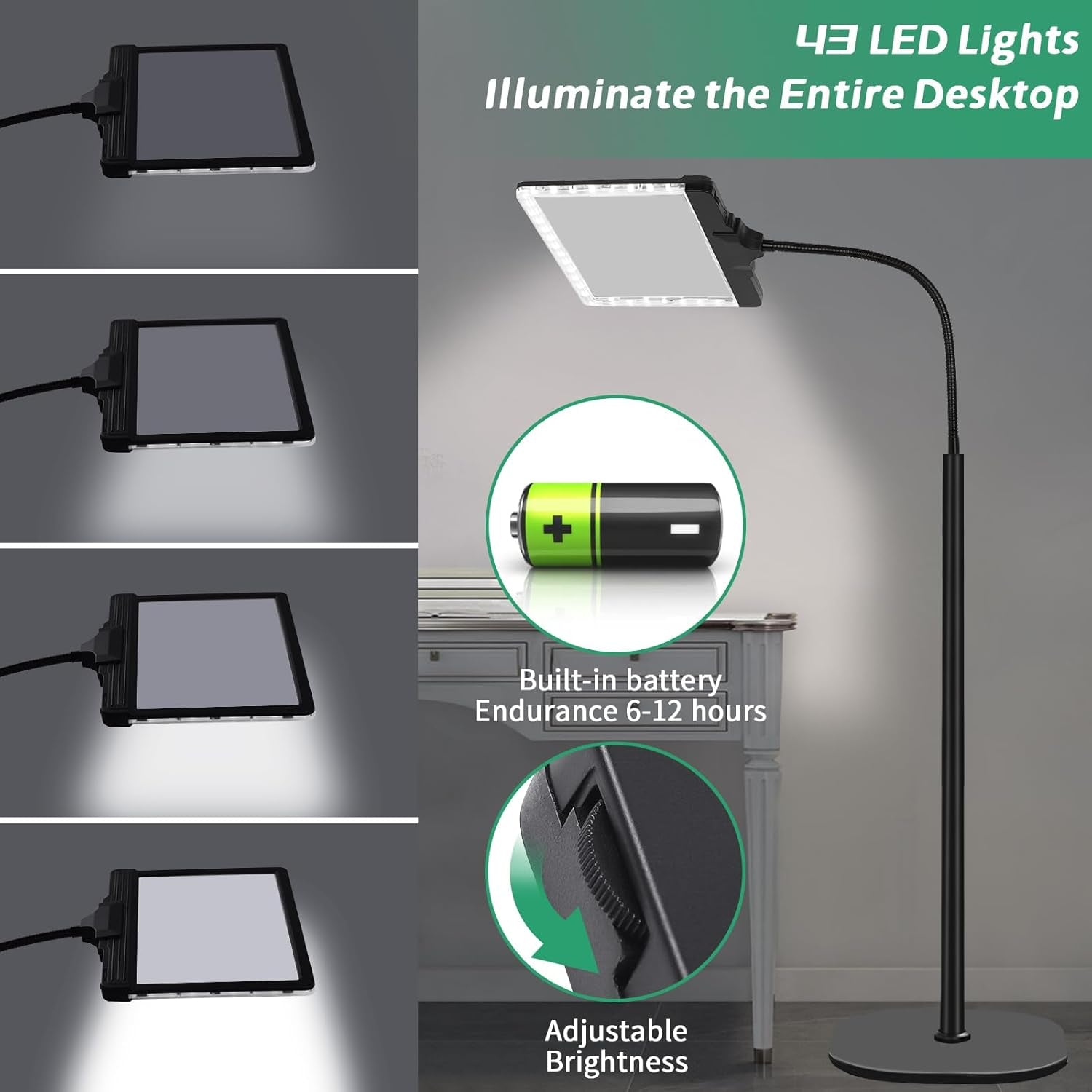 3 in 1 Ricaricabile Lente Ingrandimento Con Luce E Supporto, 5X Lampada Con Lente Di Ingrandimento Con 43 LED a Luminosità Regolabile, Lente Di Ingrandimento a Collo D'Oca Flessibile