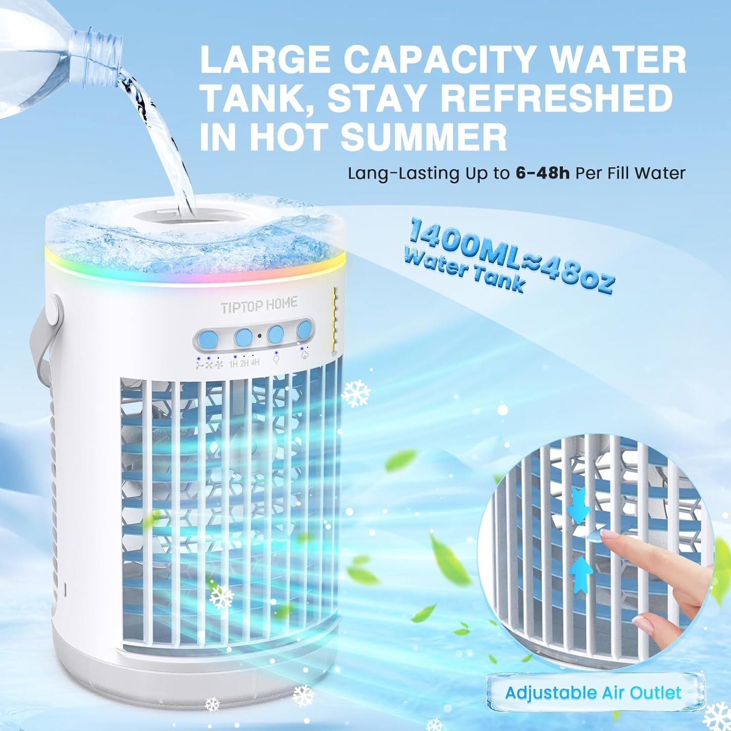 Condizionatore Portatile, Climatizzatore Portatile Silenzioso, 5 in 1 Aria Condizionata Portatile, Raffrescatore D'Aria, Condizionatore Portatile Senza Tubo, 3 Velocità, 2 Modalità Di Nebbia, 1400Ml