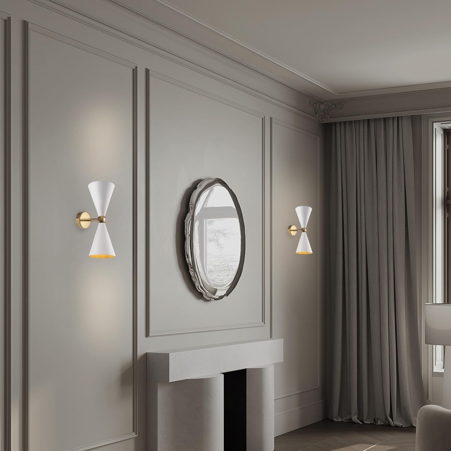 Moderna Applique Lampada Da Parete Bidirezionale a 2 Luci, Bianco E Oro, Paralumi Orientabili, per 2 Lampadine E14 40W Non Incl. per Sala, Camera Da Letto, Soggiorno, Cucina
