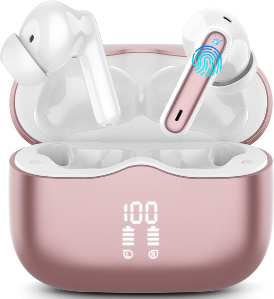 Cuffie Bluetooth, Auricolari Bluetooth 5.3 Stereo Hifi Con 4 HD Mics, Mini Cuffie Wireless Cancellazione Rumorecon, Cuffiette Bluetooth per Androide/Ios, USB-C, 40H Earbuds IP7 Impermeabili, Oro Rosa