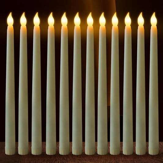 12 Pezzi Candele Coniche Led, Candele LED Senza Fiamma, Candele Elettriche, Candele a Batteria Lunghe per Natale, Ringraziamento, Festa (Avorio, 2.1 X 28 Cm)