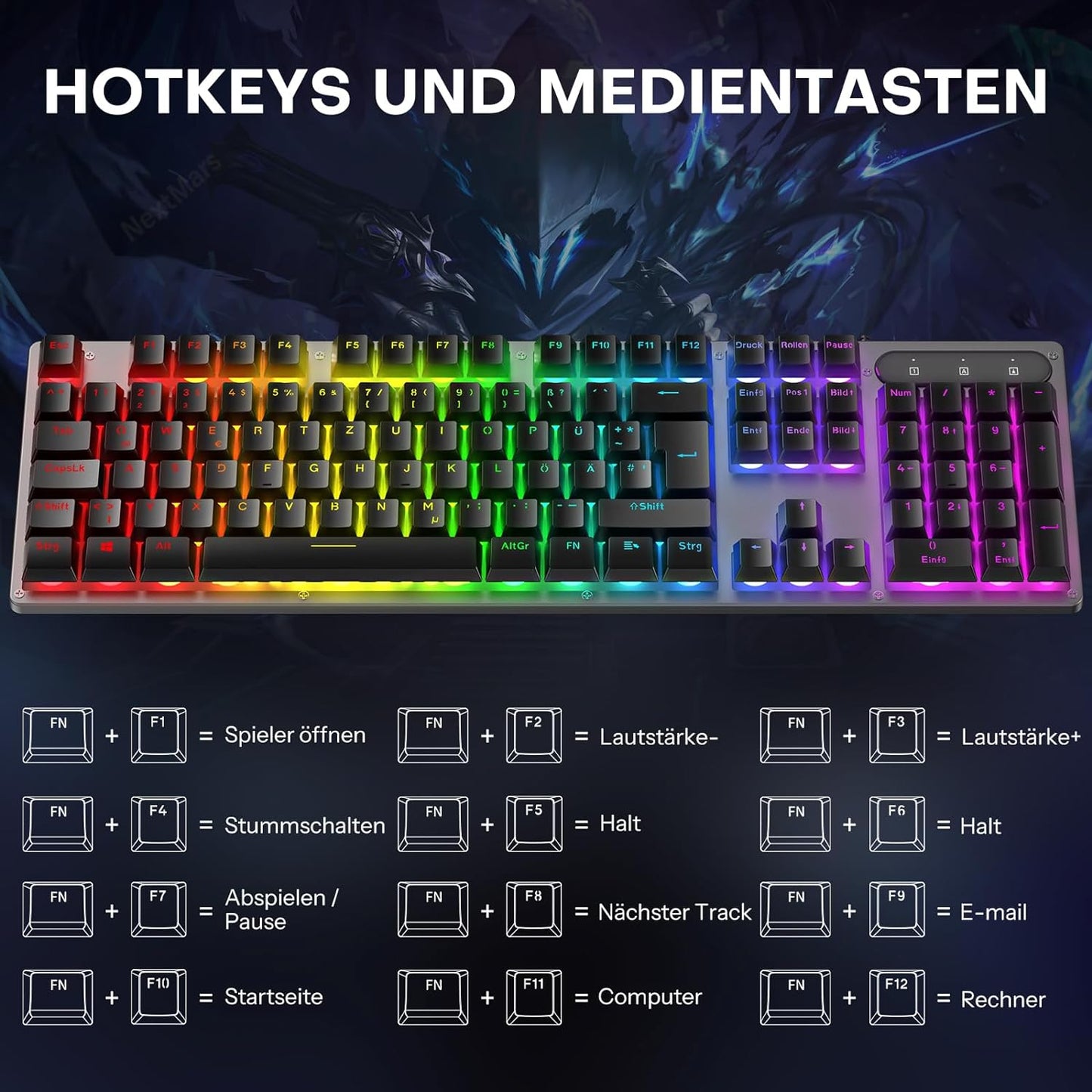 Tastiera da gioco cablata OMOTON, tastiera full-size con tasti multimediali per Windows, 26 tasti senza conflitti, layout QWERTZ tedesco