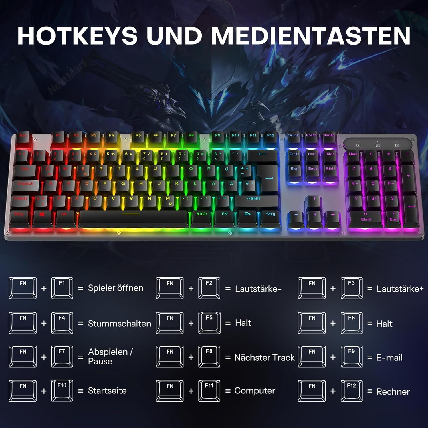 Tastiera da gioco cablata OMOTON, tastiera full-size con tasti multimediali per Windows, 26 tasti senza conflitti, layout QWERTZ tedesco
