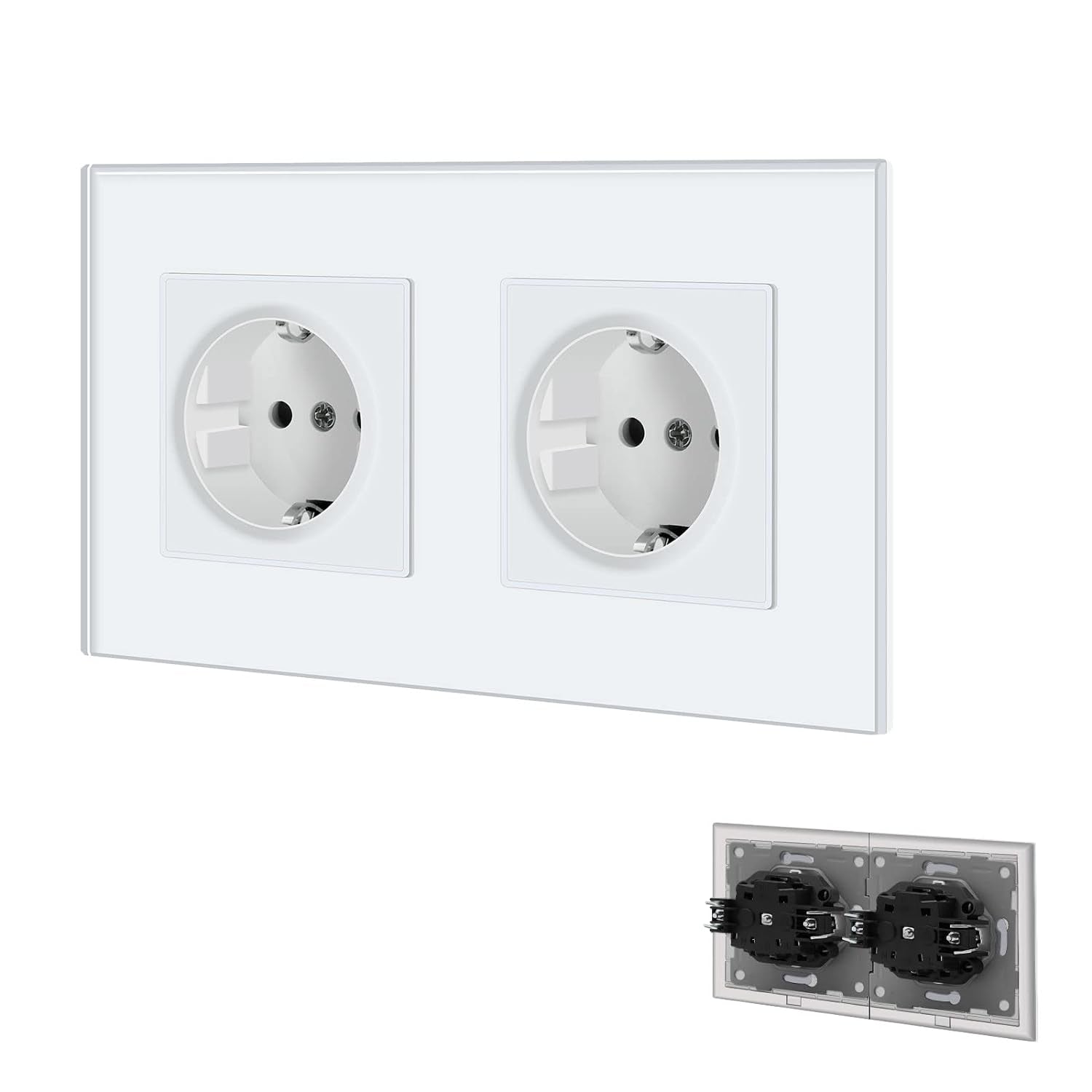 Presa Schuko a 2 Scomparti Con Morsetto a Incastro, Piastra in Vetro, Presa Singola, 16 Amp, Presa Da Incasso, 157 Mm, Colore Bianco