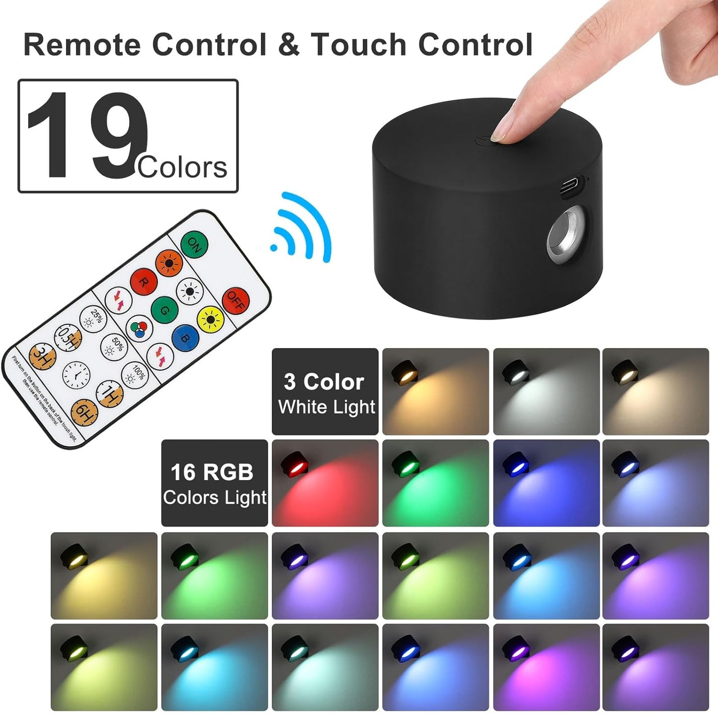 RGB Dimmerabile Lampada a Parete Con Batterie Wireless LED Applique Da Parete Interno Controllo Remoto Luce Da Parete 360 ° Rotante per Soggiorno, Camera Da Letto, Studio (Nero 1PC)