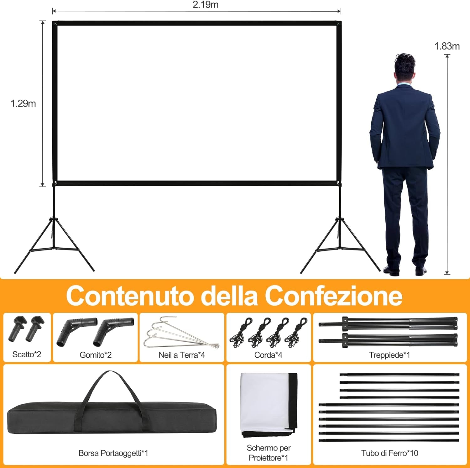 100"Schermo Proiettore, 4K HD 16:9 Schermo Proiettore Con Supporto Portatile, Grandangolo Di 160 Gradi, Perfetta per Teatro Domestico Cinematografico