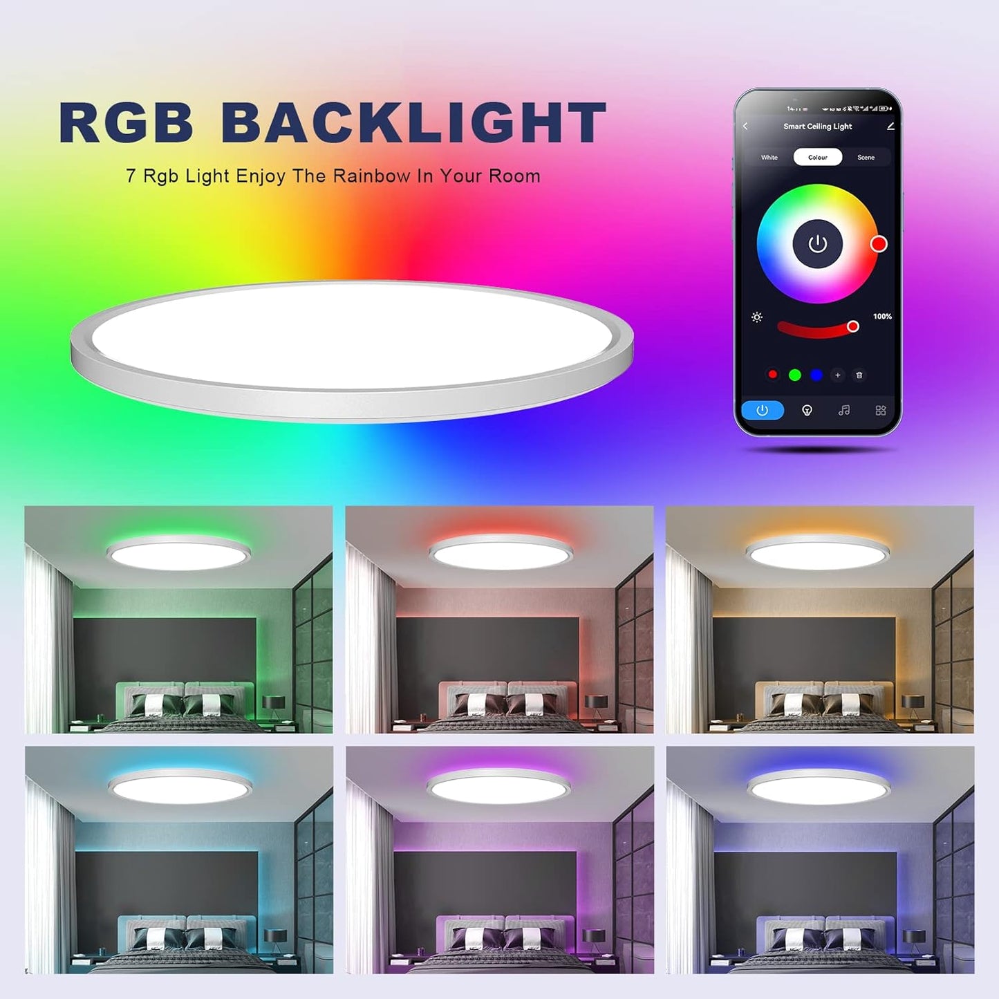 Plafoniera LED Soffitto Con RGB, Lampadario Bagno Dimmerabile 36W Con Telecomando E APP, Luce Pannello per Camera Da Letto Cucina Soggiorno, Rotonda, Ø30CM