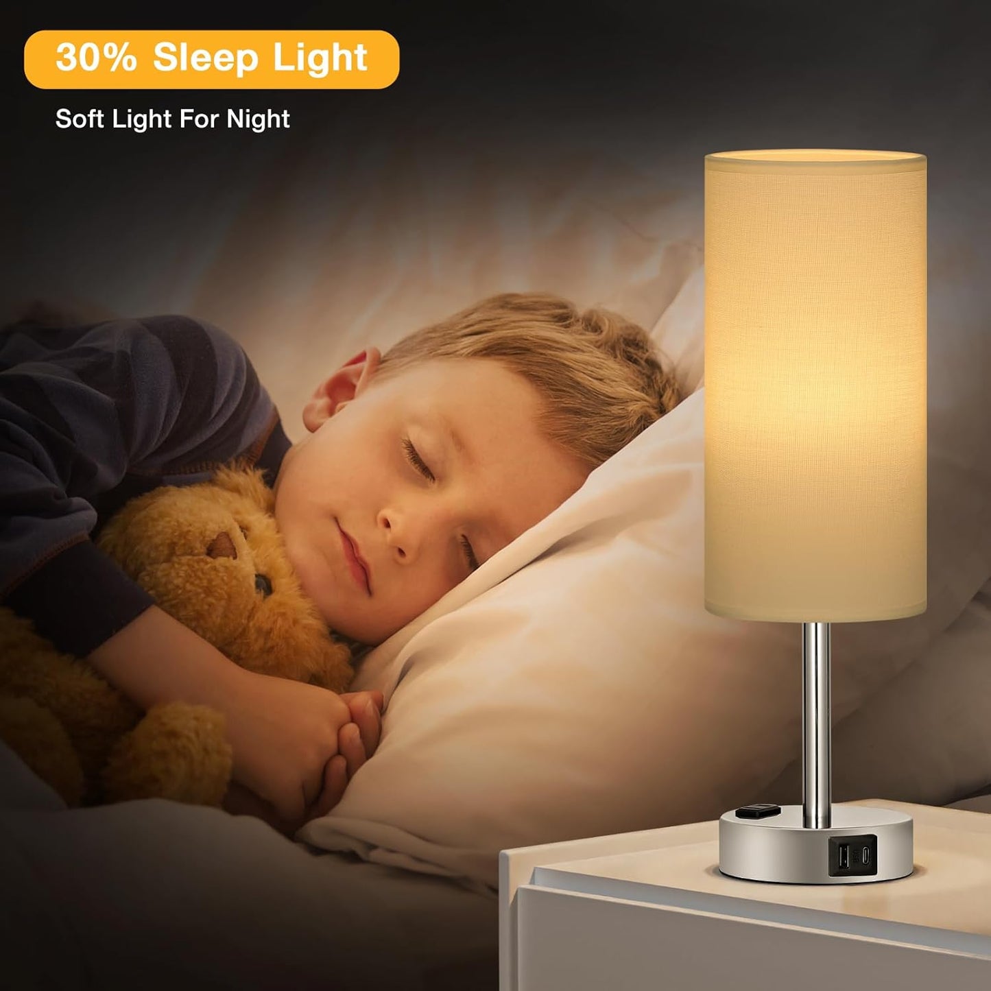 Lampada Da Comodino Touch Dimmerabile, Lampada Da Tavolo Con Porte Usb-C+A+Presa, Paralume Bianco Base Argento, Abat Jour Da Comodino per Camera Da Letto Soggiorno Ufficio(Lampadina Inclusa)