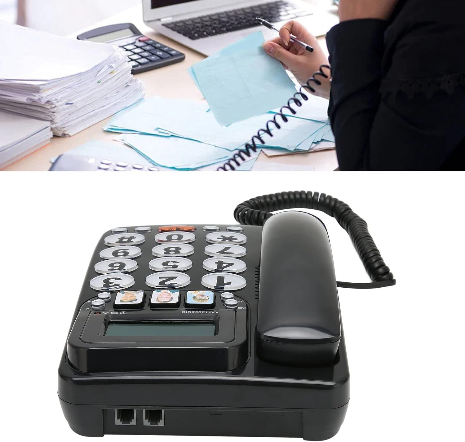 Big Button Phone per Anziani, Pulsanti Con Filo Fisso per Foto Telefoniche per Pazienti Con Suono Chiaro Supporto a Doppia Porta Che Memorizza 3 Numeri Comunemente Usati (Nero)
