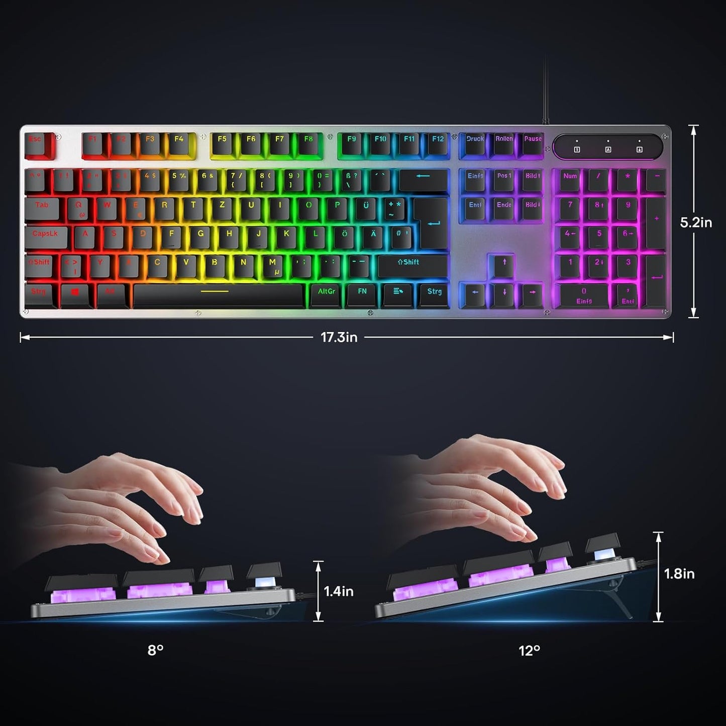 Tastiera da gioco cablata OMOTON, tastiera full-size con tasti multimediali per Windows, 26 tasti senza conflitti, layout QWERTZ tedesco