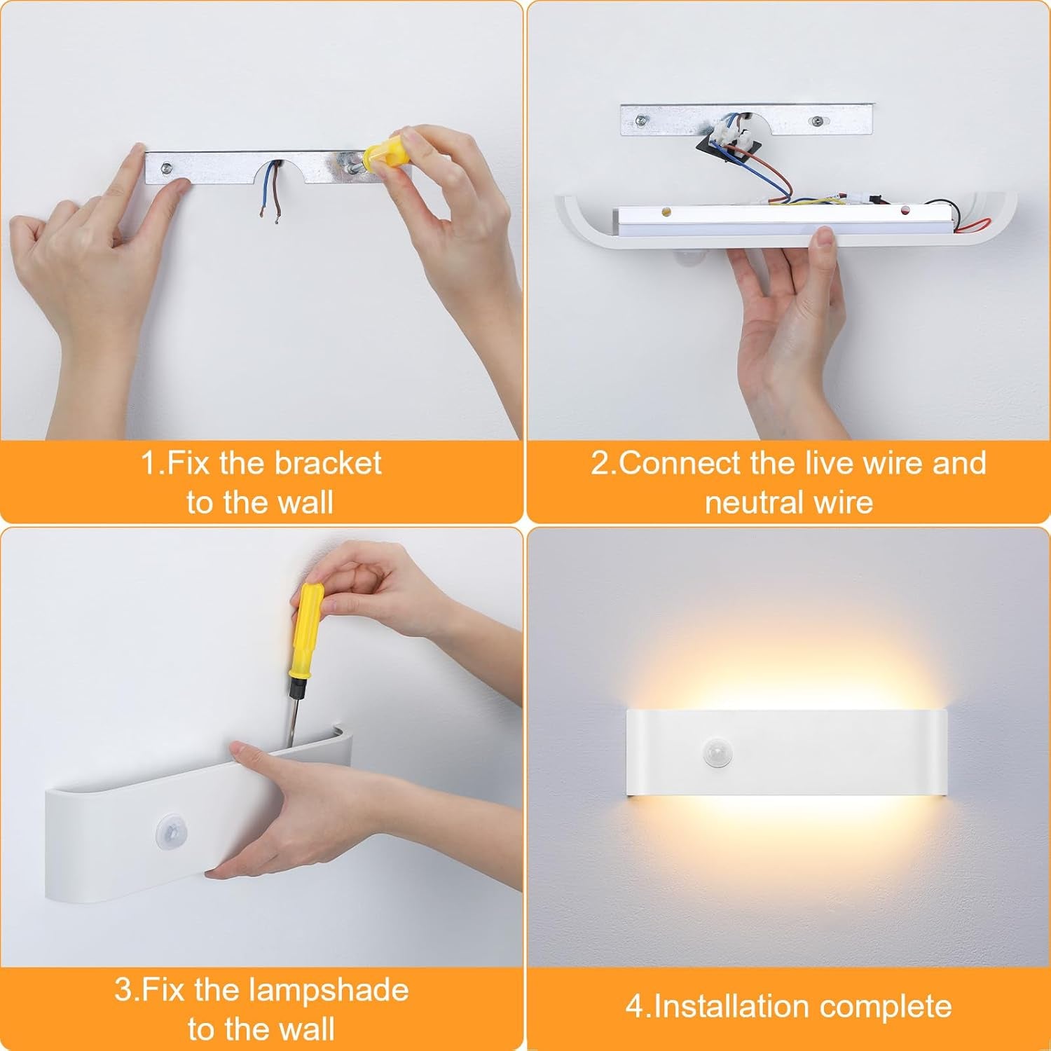 Applique Da Parete Interno Moderno, 16W Con Sensore Di Movimento Lampada Led Da Parete, 3000K Bianco Caldo Lampada Da Muro, per Soggiorno, Scala, Corridoio, Illuminazione per Interni, Bianco