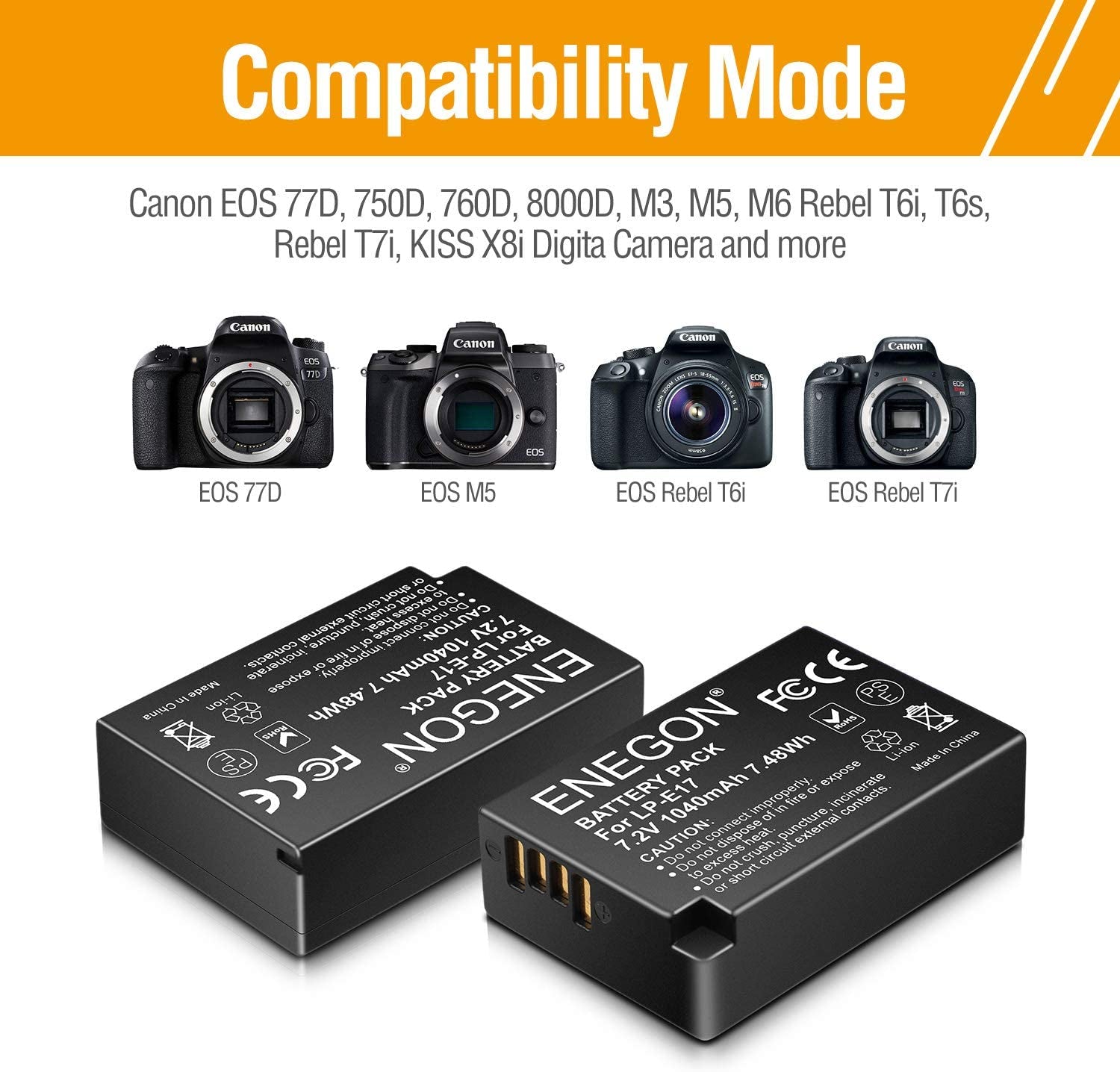 Batteria Fotocamera LP-E17 Da 2 Pezzi 1040Mah Con Doppio Caricatore Micro USB per Canon Rebel SL2, T6I, T6S, T7I, EOS M3, M5, M6, EOS 200D, 250D, 77D, 750D, 760D, 800D, 8000D, Kiss X8I