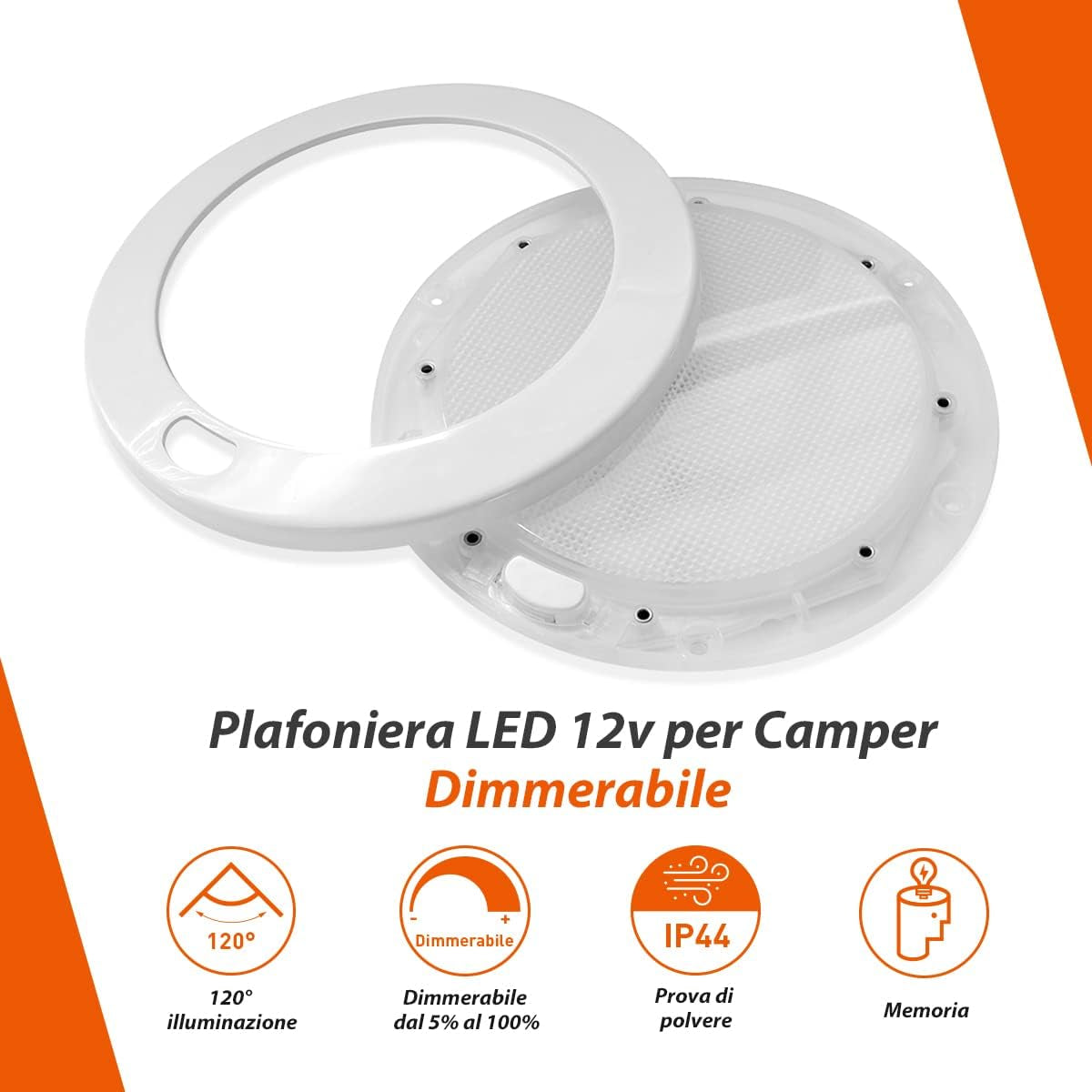 Plafoniera LED Soffitto 12V Camper Barca Caravan Illuminazione Interna Dimmer Continuo IP44 Bianco Caldo