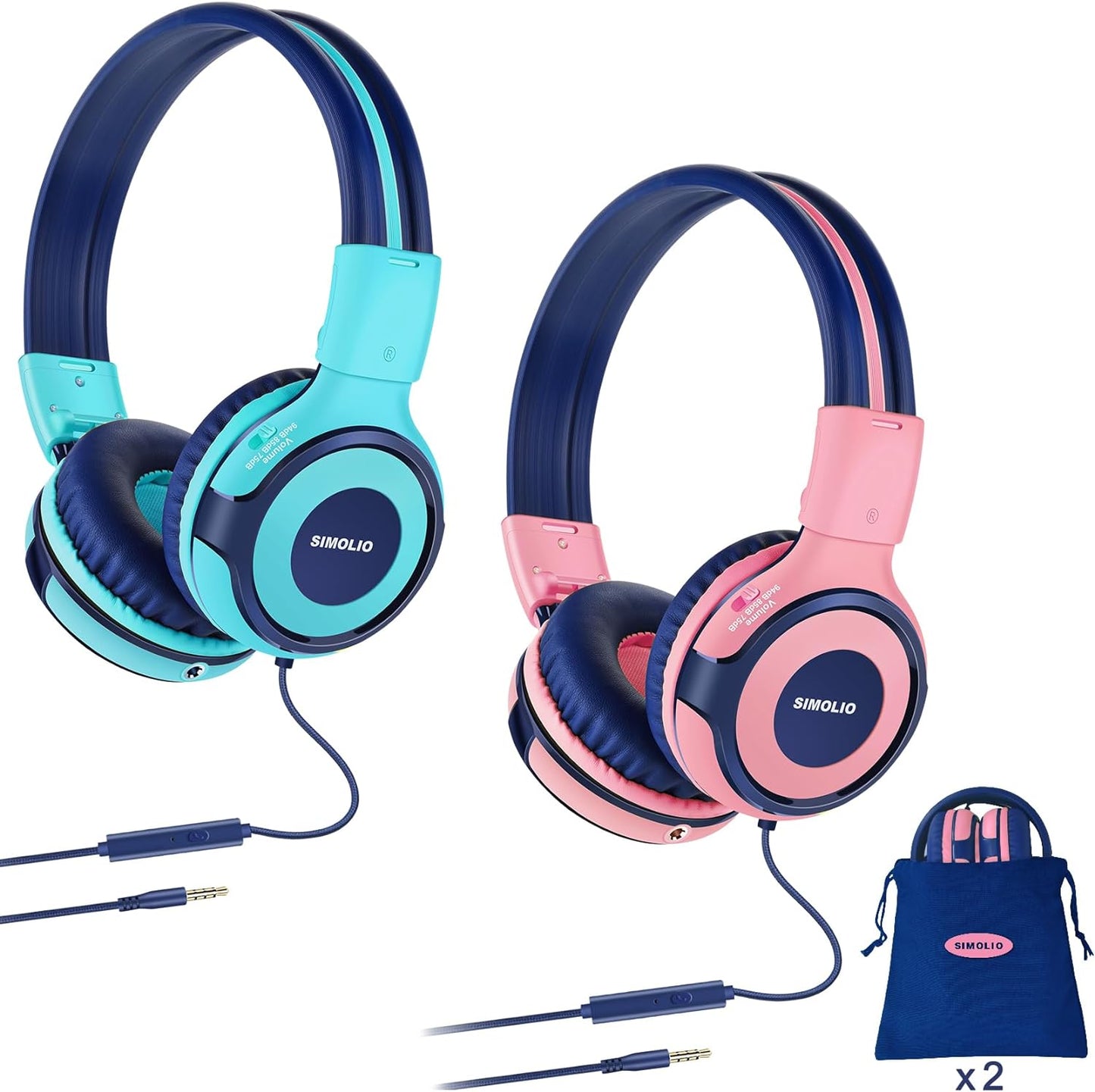 2 set di cuffie per bambini con custodia portatile, cuffie adatte ai bambini con volume limitato, cuffie cablate per ragazze, ragazzi, cuffie on-ear per bambini per la scuola, da viaggio menta + rosa