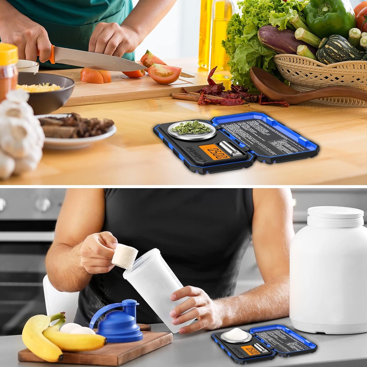 Báscula Digital De Precisión 50G/0.001G,  Mini Bilancia Da Cucina Con Peso Di Calibrazione 50 G E Pinzette, Bilancia Tascabile Con Display Tara E Retroilluminato (Batterie Incluse) - Blu