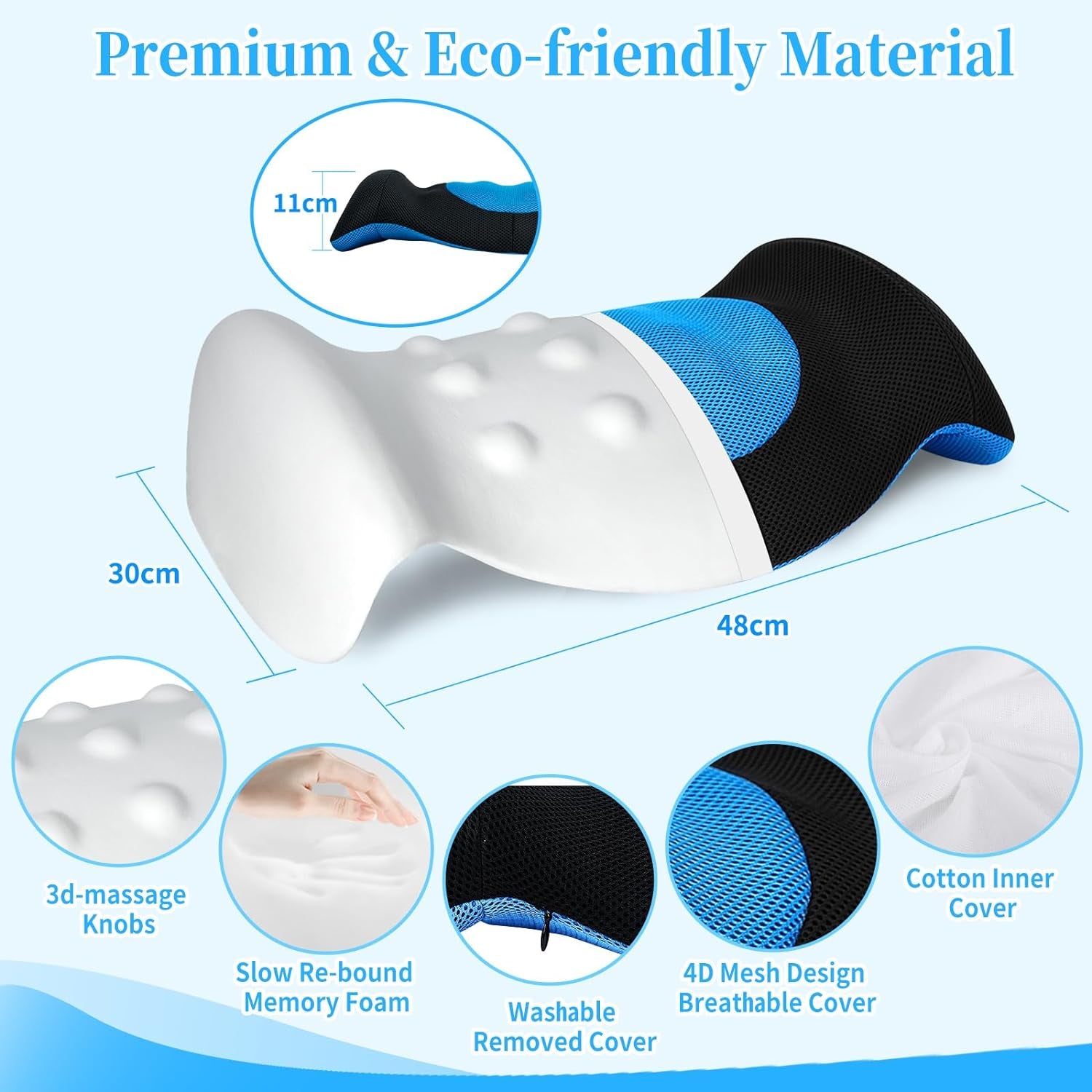 SAHEYER Cuscino lombare Cuscino per schienale ortopedico in memory foam, Cuscino lombare Design ergonomico per letto lombare, divano, sedia, sedia per auto e ufficio, Blu