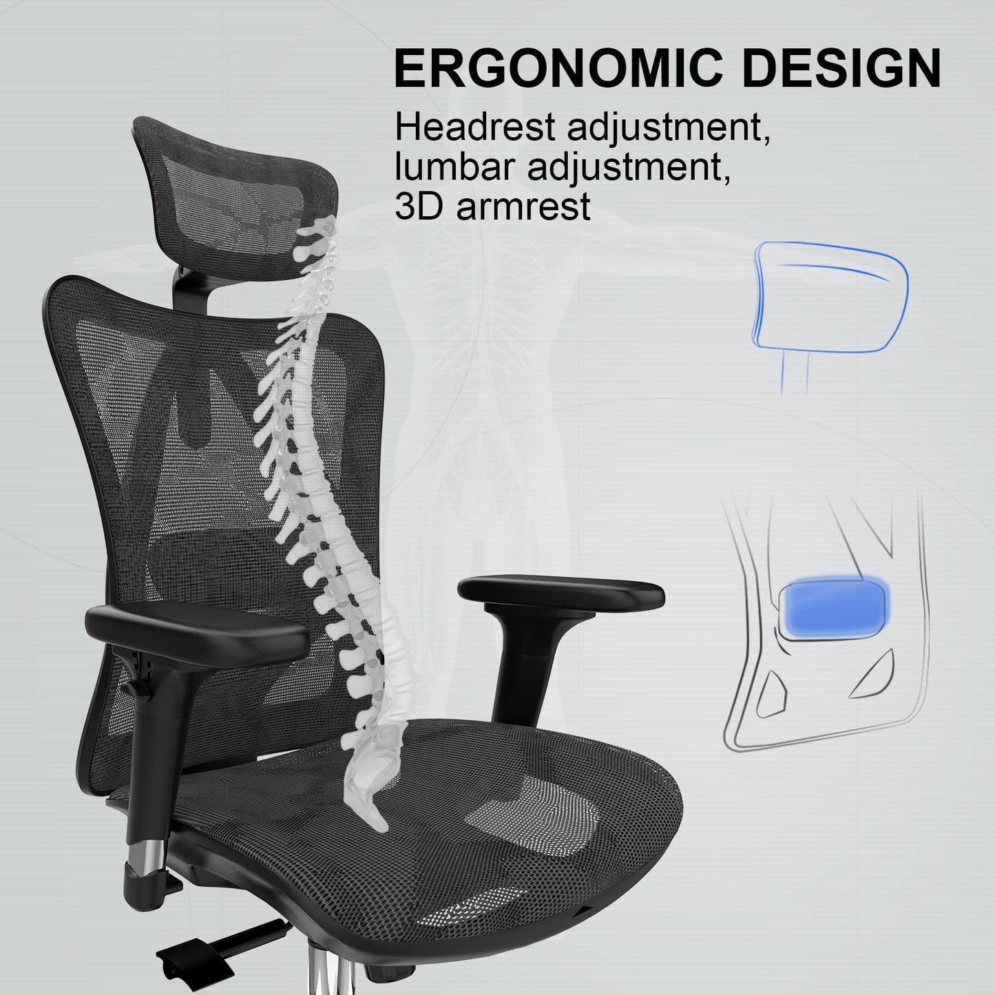 Sedia Ergonomica Con Supporto Lombare, Sedia Da Ufficio, Braccioli Regolabili in 3D, Tessuto a Rete Delicato Sulla Pelle, Poggiatesta Regolabile, Sedia Da Ufficio Ergonomica (Nero)