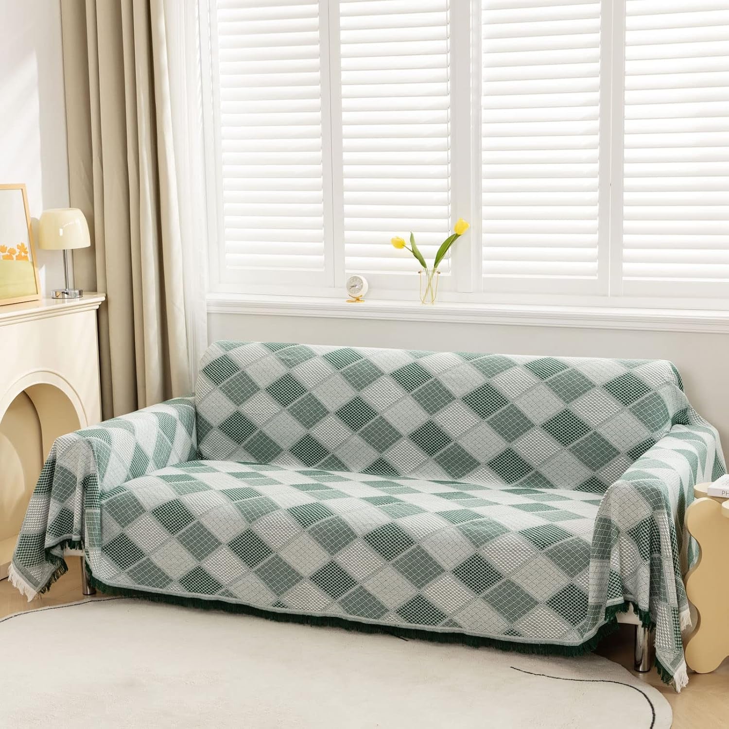 Coperta in Tessuto per Divani Grande a 3 Posti per Divani E Letto, Reversibile, Versatile, Elegante, Con Motivo a Rombi E Nappe, Verde, 180 X 300 Cm