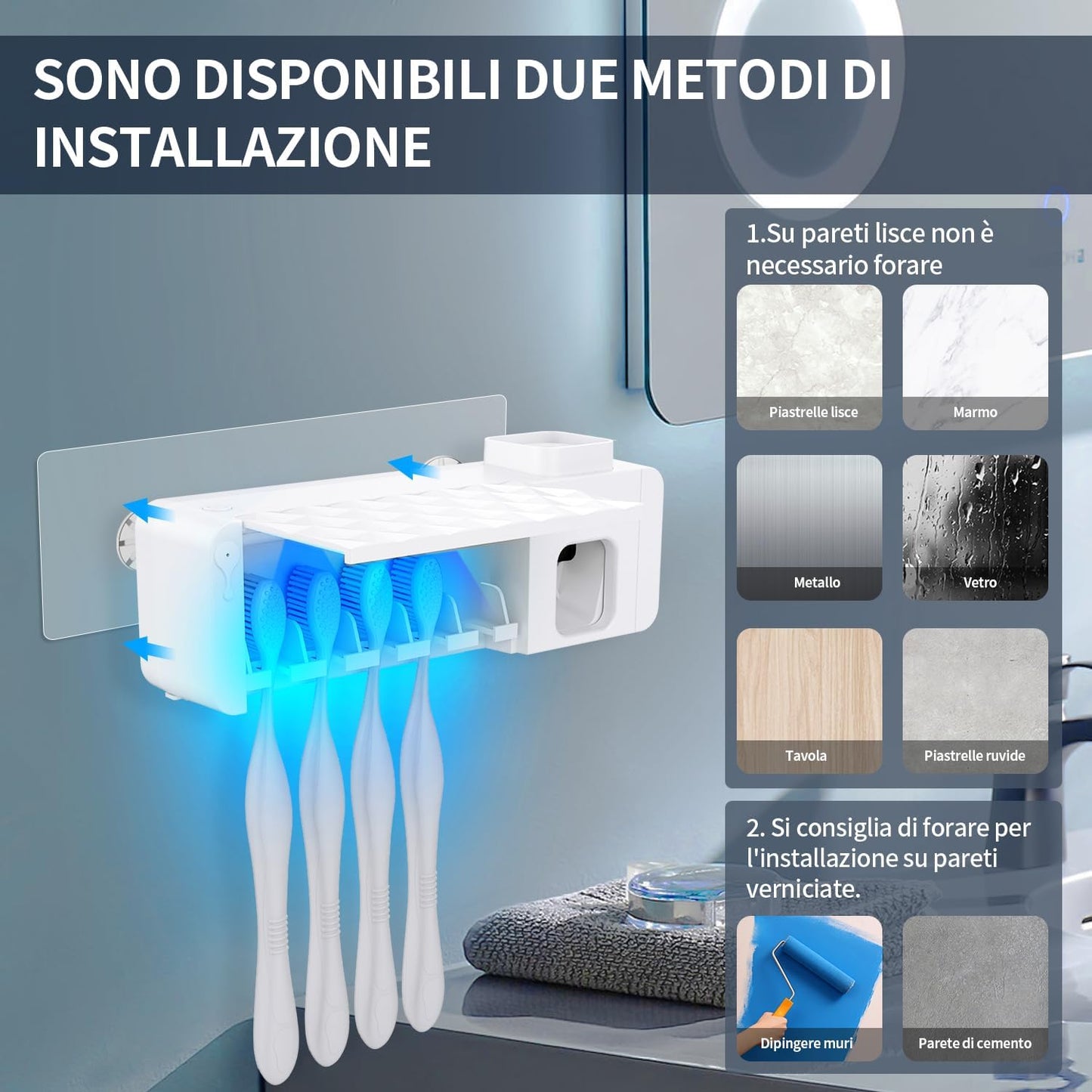 Porta Spazzolino Elettrico -  Sterilizzatore Spazzolini Da Denti Con 5 Fessure per Spazzolino, Dispenser Dentifricio Porta Spazzolini per Bagno Domestico (Bianco)