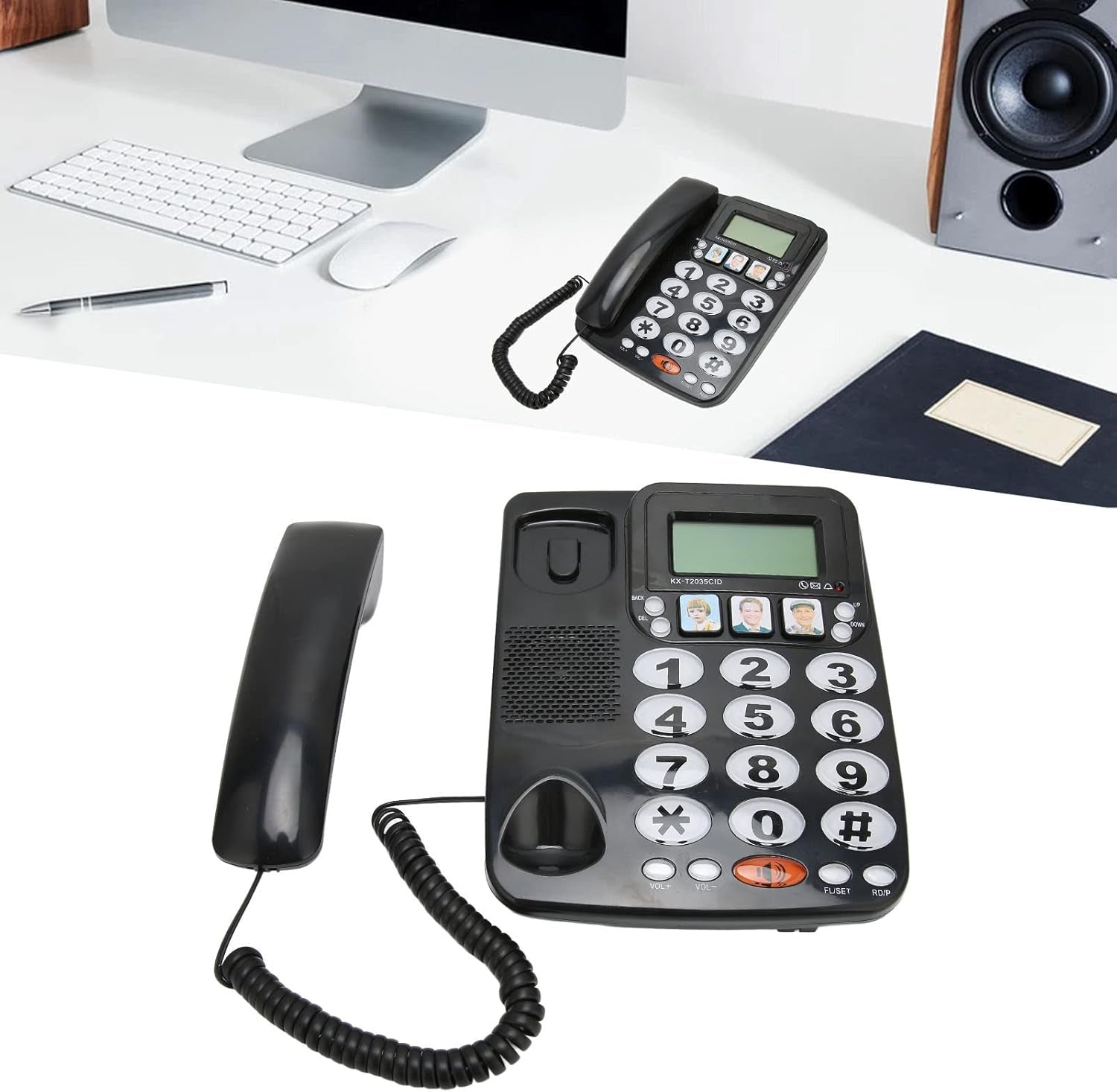 Big Button Phone per Anziani, Pulsanti Con Filo Fisso per Foto Telefoniche per Pazienti Con Suono Chiaro Supporto a Doppia Porta Che Memorizza 3 Numeri Comunemente Usati (Nero)