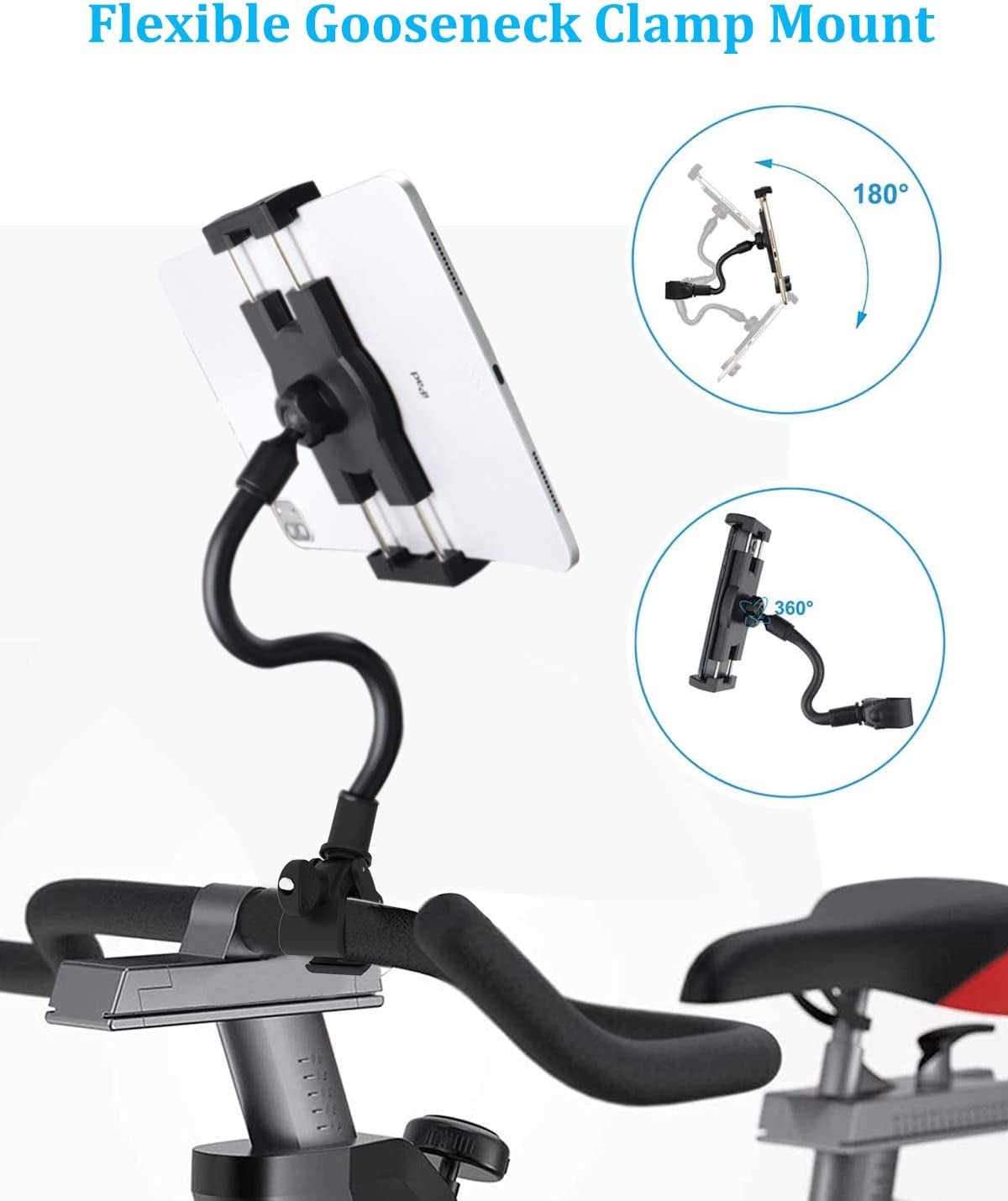 Supporto Tablet Bici Spinning,  Porta Tablet Bicicletta Cyclette Tapis Roulant a Collo Oca, per Ipad Pro 12.9, 10.5, 9.7, Ipad Air, Ipad Mini, Samsung Tab, Iphone 4-13" Smartphone Tablets