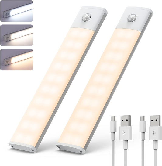 Luce Armadio Led Con Sensore, Luce Led Sottopensile Cucina Dimmerabile, 1000Mah Lampada Ricaricabile USB-C Con 3 Modalità Di Colore, Luce Notturna Sensore Movimento per Corridoio, Garage, 2 Pezzi