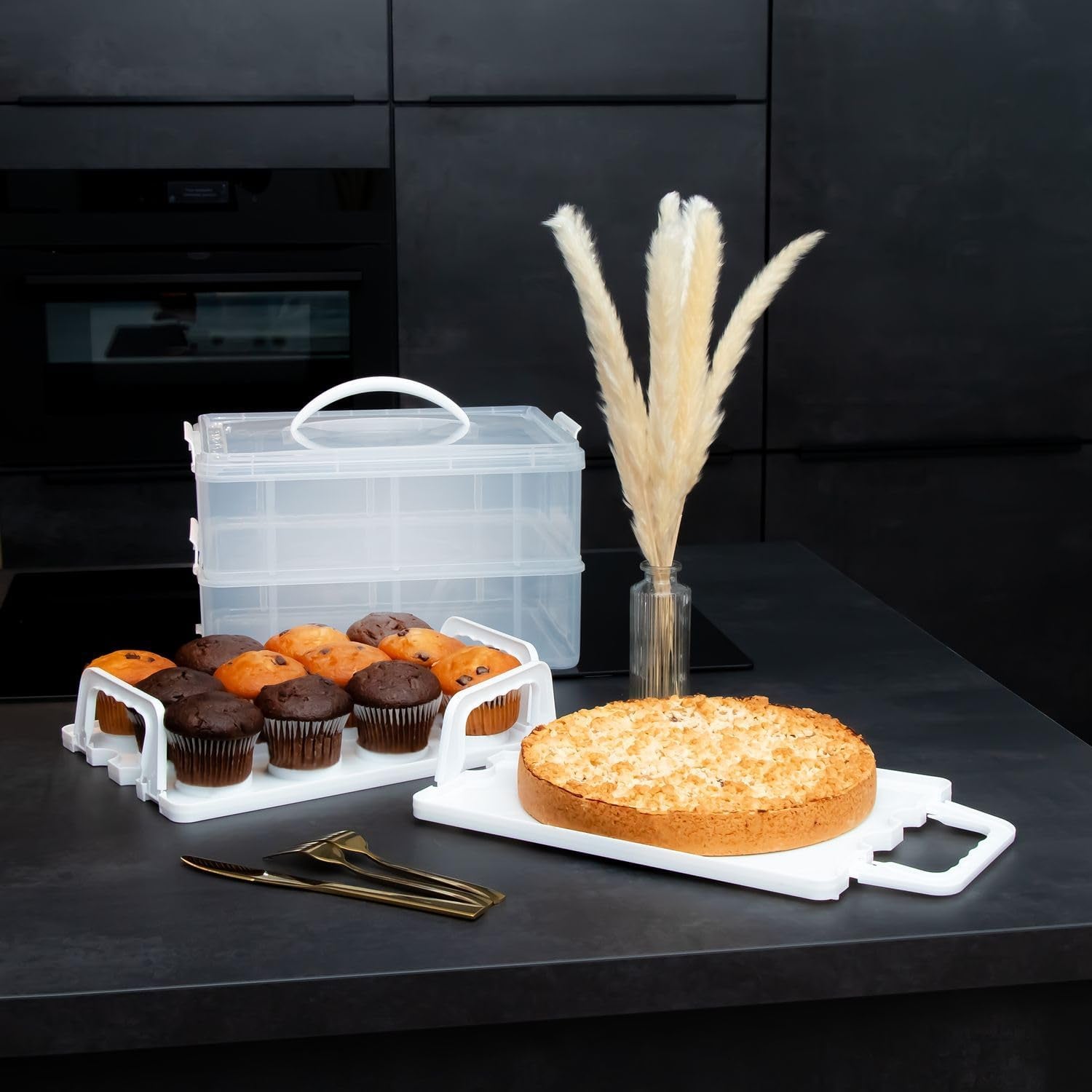 Scatola Da Trasporto Contenitore per Torte E Cupcake a 2 Piani in Plastica Bianca - 36,1 X 26,1 X 21,2 Cm - Contenitore Da Trasporto per Muffin Scatola per Torte