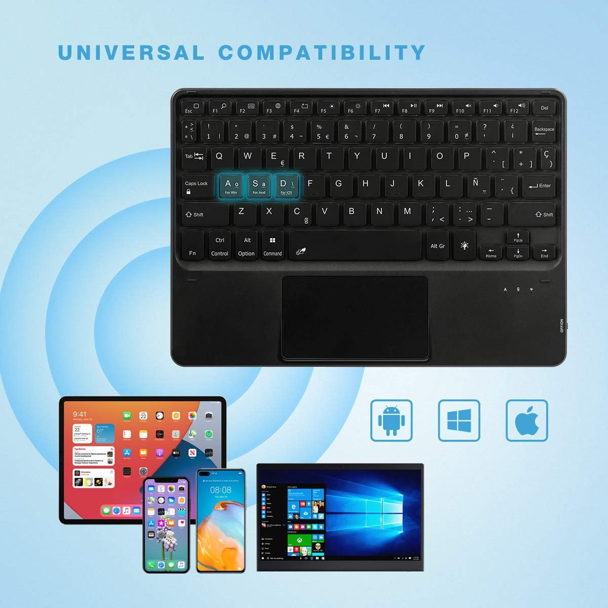Custodia Con Tastiera Bluetooth Wireless 3.0 QWERTY Spagnolo Con Touchpad - PU Protettiva per 9.0"-10.6" Qualsiasi Ios/Windows/Android Tablet Retroilluminato