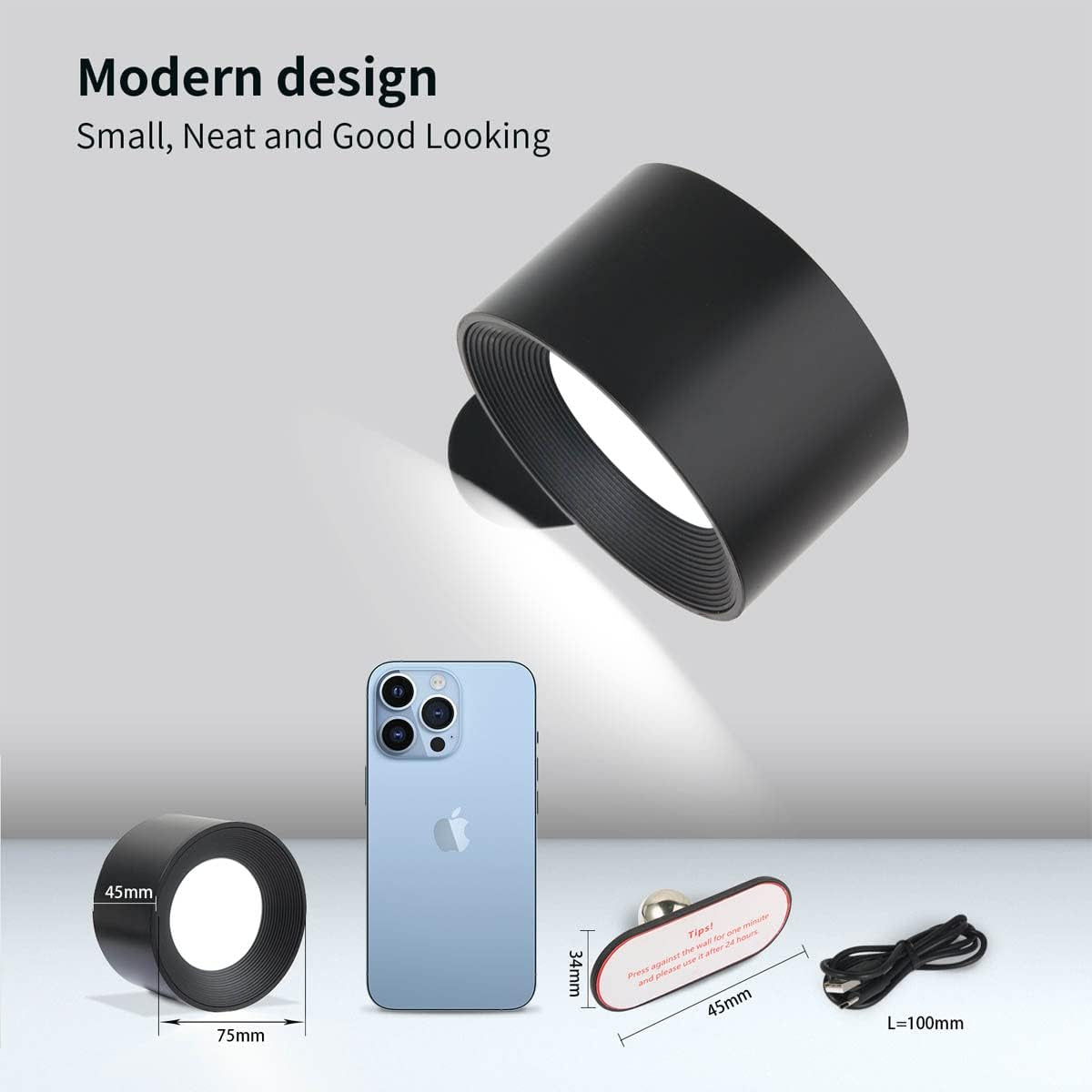 Lampada a LED Senza Fili Da Parete Con Ricarica USB-C E Supporto Magnetico Girevole a 360°, 3 Modalità Di Colore, Dimming a 3 Livelli (Colore Nero, Confezione Da 2)