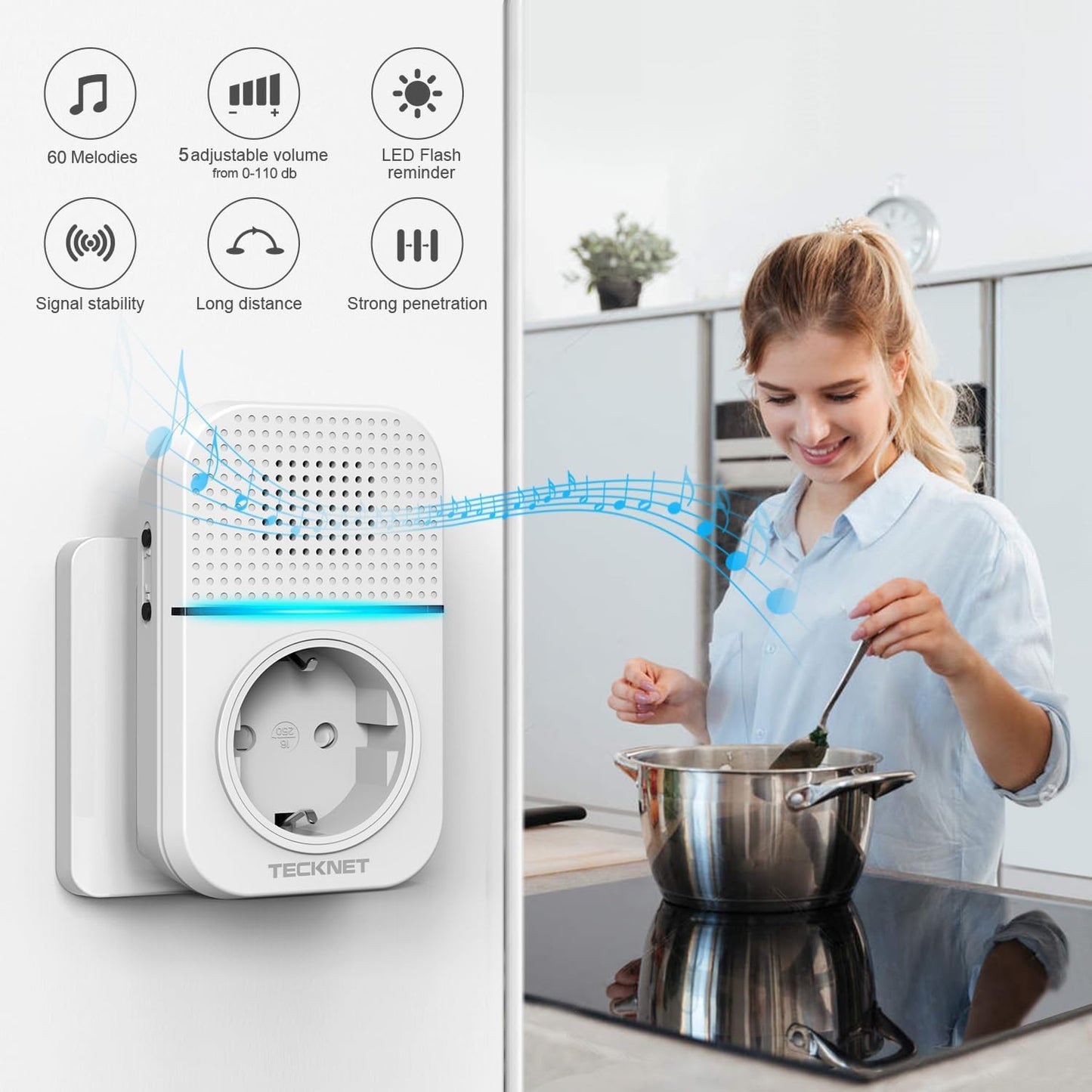 Campanello Senza Fili, Campanello Wireless Impermeabile Con Senza Batteria, Utilizzare Nella Presa EU, Display a LED, 5 Livelli Di Volume, 60 Suonerie, 400 M