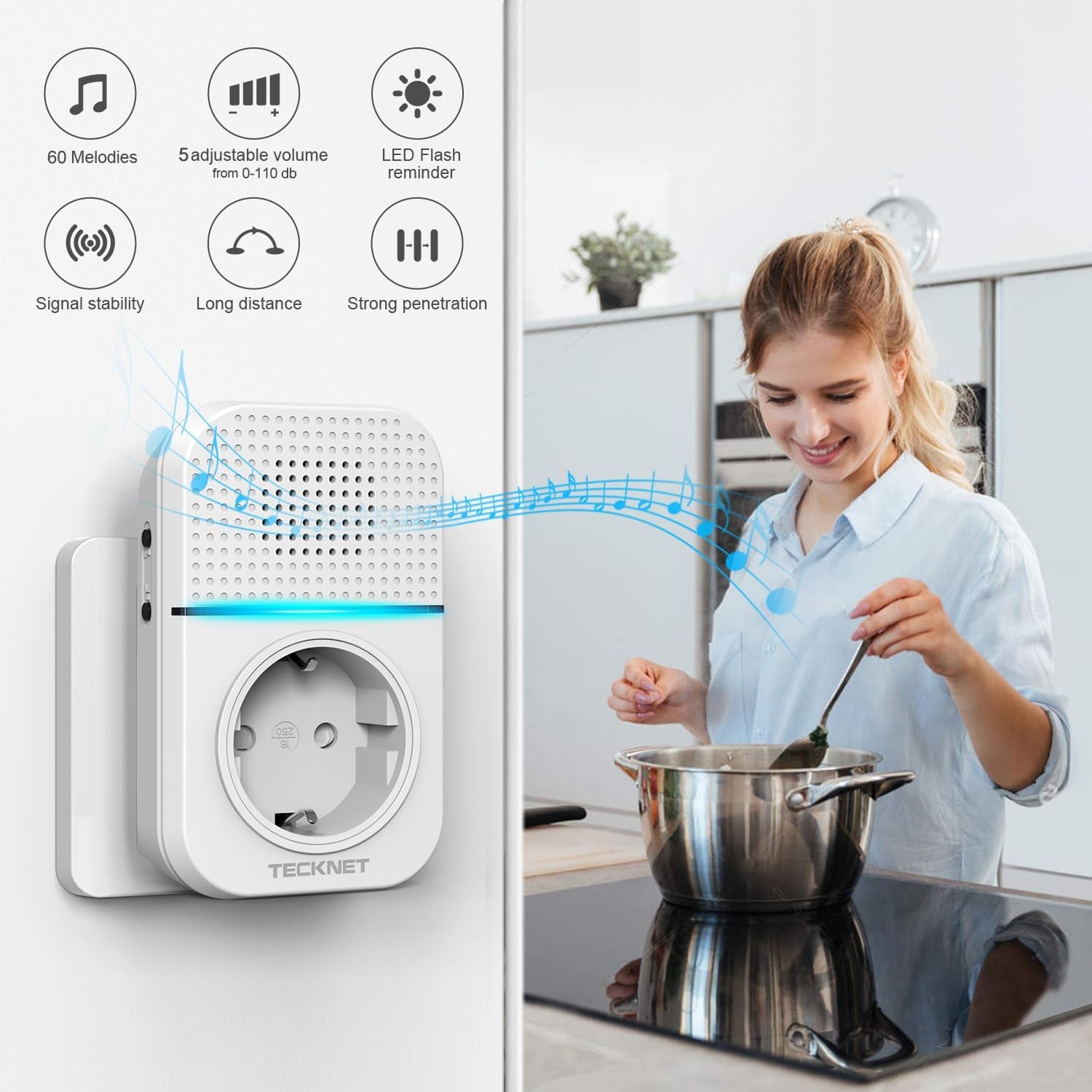 Campanello Senza Fili, Campanello Wireless Impermeabile Con Senza Batteria, Utilizzare Nella Presa EU, Display a LED, 5 Livelli Di Volume, 60 Suonerie, 400 M