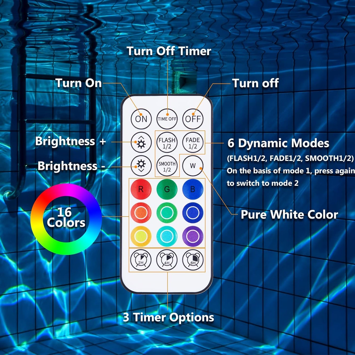 Faretto LED Ricaricabile per Piscina Fuori Terra, 15Cm Sommergibili Luci Piscina RGBW IP68 Impermeabili Con Telecomando, Fino a 40 Ore,Magnetiche Luce LED Deco per Intex Acciaio Piscine 2Pack