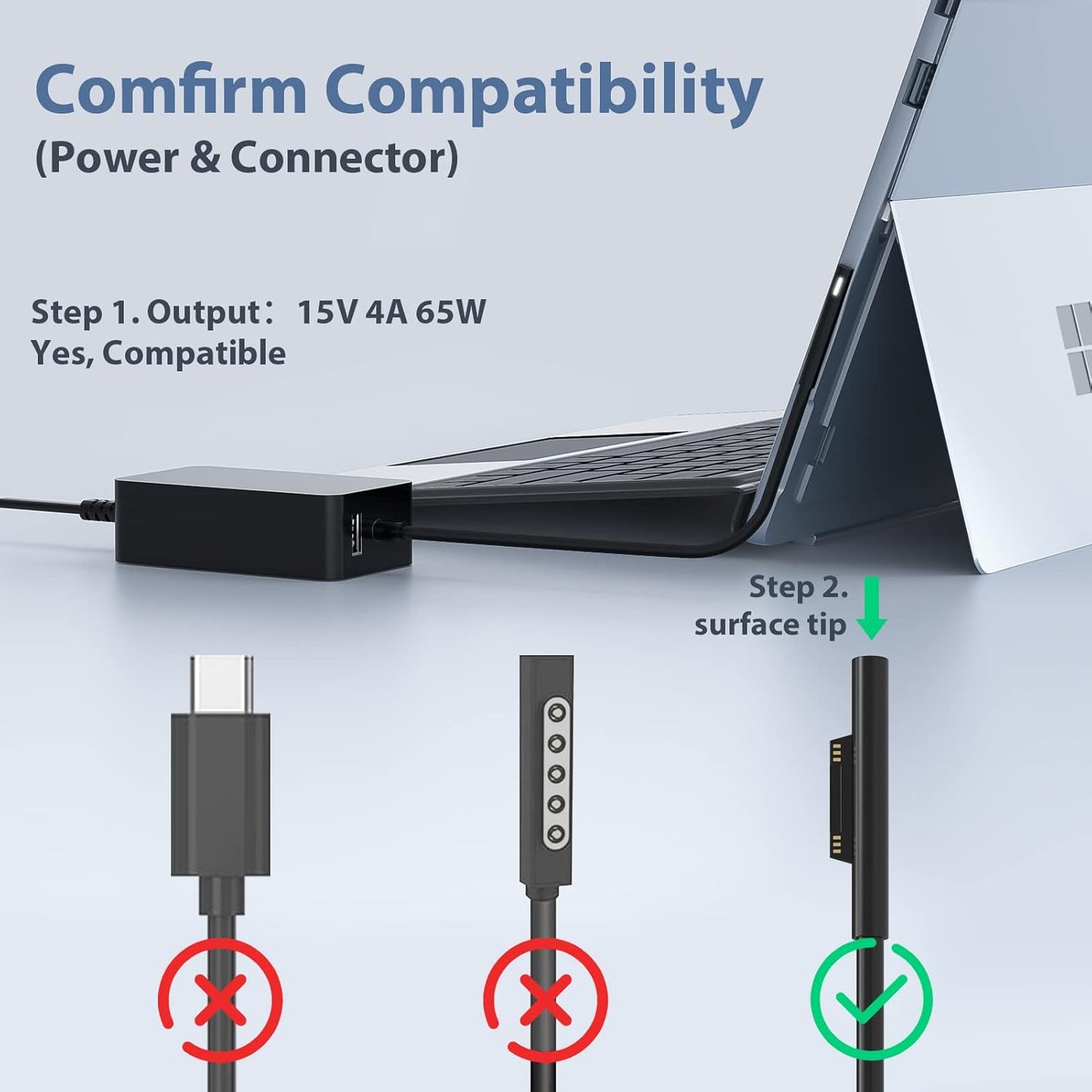 65W Alimentatore Surface 15V 4A Caricatore Caricabatterie per Microsoft Surface Pro 11/10/X/9/8/7/7+/ 6/5/4, Surface Laptop 7/6/5/4/3/2, Surface Book 3/2/1 Surface Go 4/3/2 1706 1800 Con USB