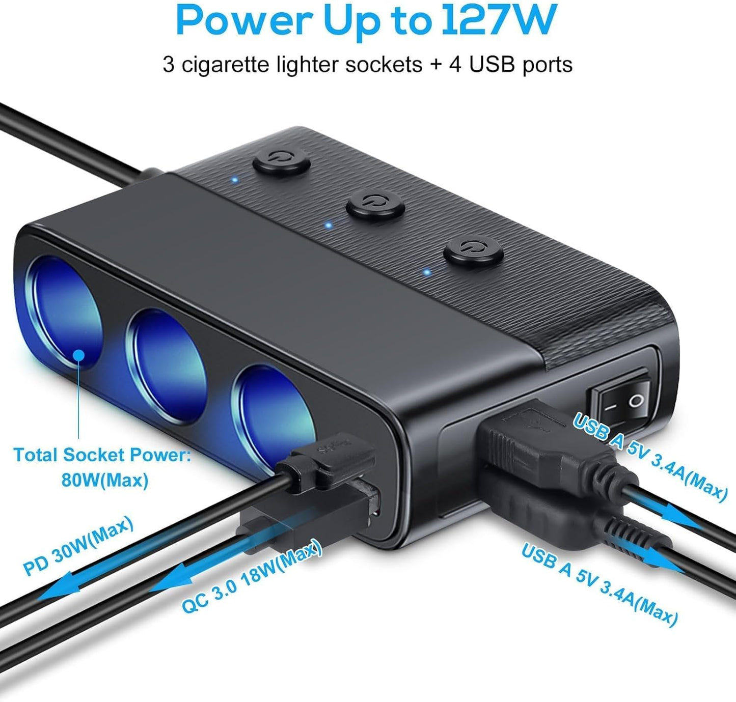 Splitter Accendisigari, 3 Prese Con Porta PD, Tripla USB A, Voltmetro E Interruttore a LED per Dispositivi Auto