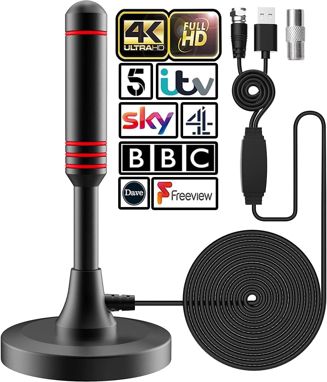 Antenna TV Interna, Antenna TV Interna HDTV Digitale 250+ Miglia Amplificata Con Base Magnetica/Amplificatore Di Segnale Support 4K HD/1080P/VHF/UHF per Home Smart Televisione/Radio, Cavo Coassiale 5M