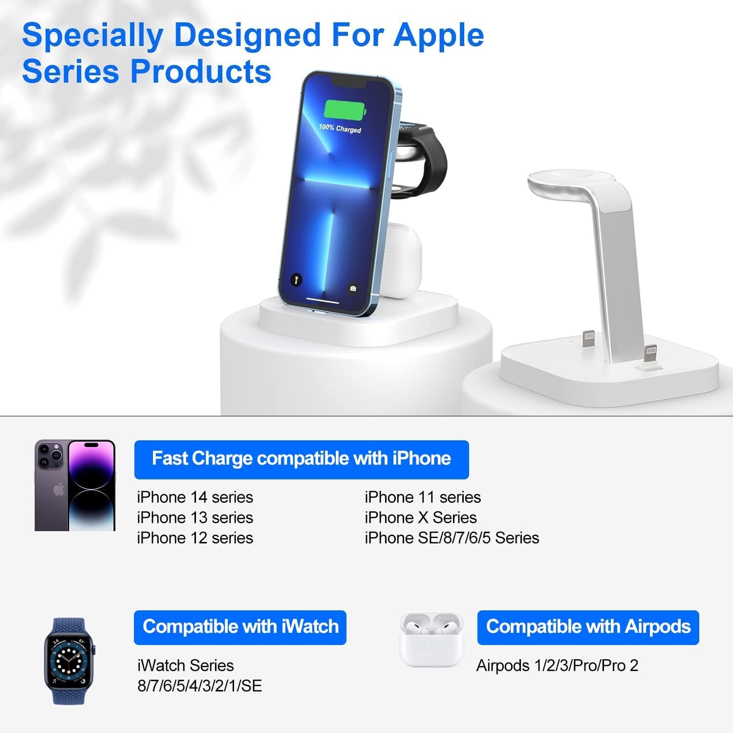 Stazione Di Ricarica per Più Dispositivi –  3 in 1 Supporto Di Ricarica Senza Fili Bianco, Dock Ricarica, Base Caricatore