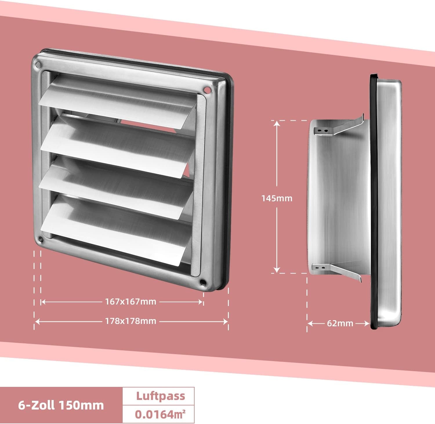 Griglia di protezione dalle intemperie in acciaio inox griglia di ventilazione lamelle mobili 100 mm 125 mm 150 mm