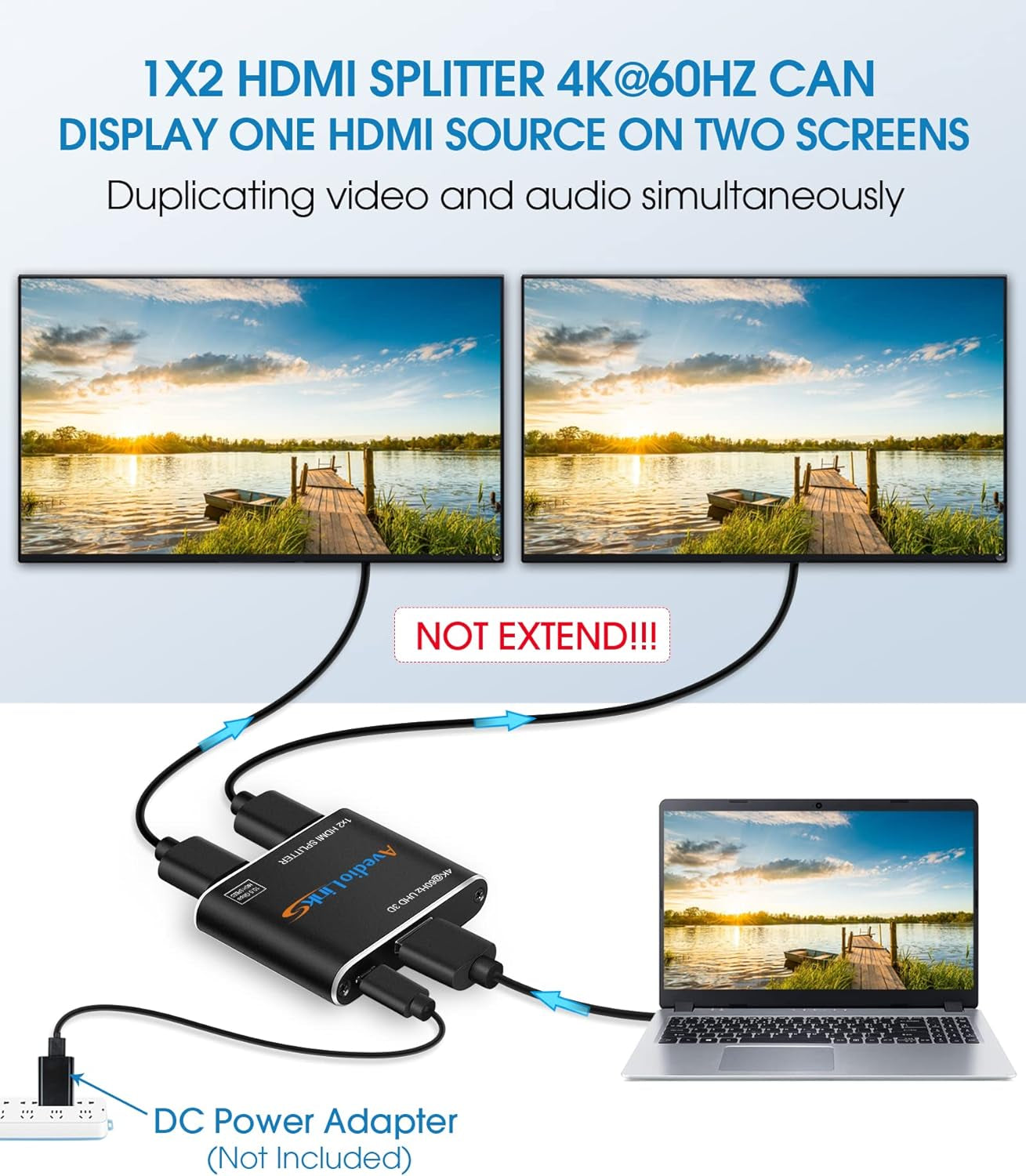 Splitter HDMI, Alluminio 4K @60Hz HDMI 1 in 2 Out 【Mirror Only, Not Extend】 Splitter HDMI 1 in 2 Out Contemporaneamente, Splitter HDMI 1 Su 2, Supporta Full HD 1080P 3D HDCP1.4