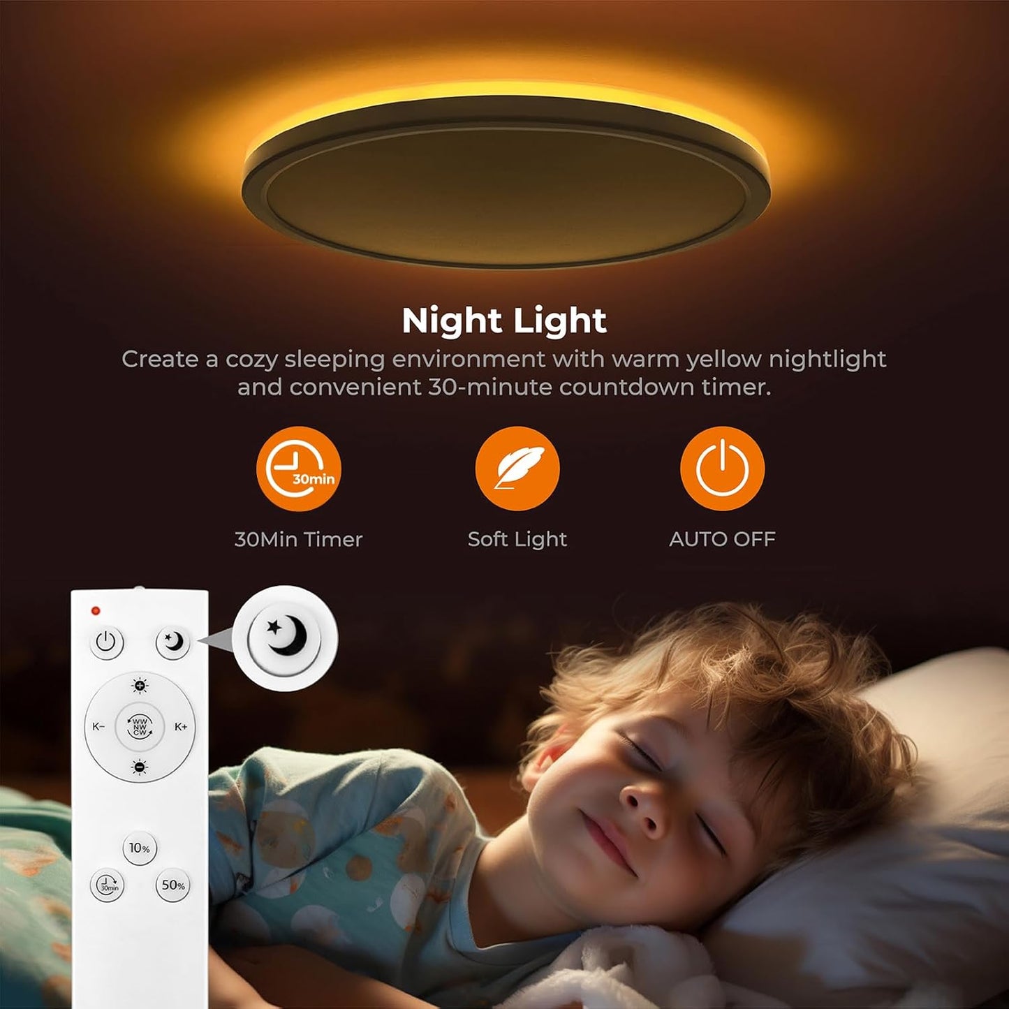 Plafoniera LED Dimmerabile 24W, Lampada Da Soffitto Con Telecomando, Luce Notturna 2000K Calda, Pannello 3000K-6500K per Camera Da Letto Cameretta per Bambini Soggiorno Rotonda Bianca 30X2,5 Cm