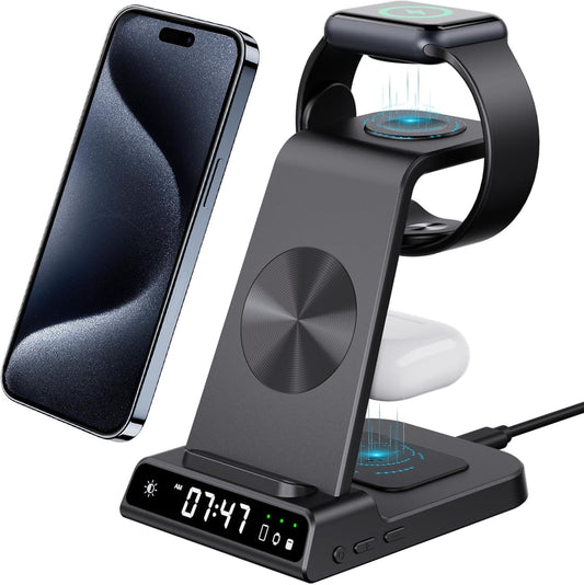Caricatore Wireless Iphone 3 in 1 Con Orologio Digitale, Stazione Ricarica Apple Veloce Da 18W per Iphone 15 14 13 Serie, Base Ricarica Iphone Apple Watch Airpods Pro 2 E Iwatch 9